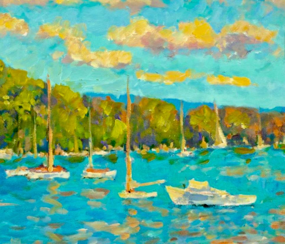 Harbor Scene by Impressionist artist 20th century - Painting by Robert Waltsak