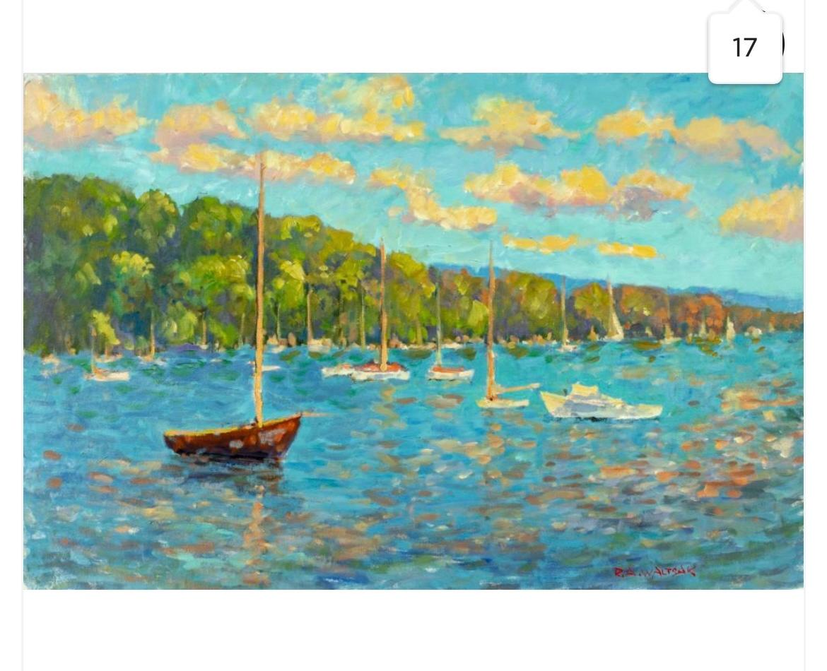 Harbor Scene by Impressionist artist 20th century - Blue Landscape Painting by Robert Waltsak