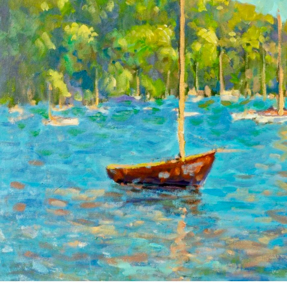 Vivid Impressionist oil painting on canvas, ‘Harbor Scene’ gets attention with its palette of rich color. This 20th century painting makes an impact! Turquoise waters, green treeline and floating clouds loaded with golden yellow in a blue sky.

By