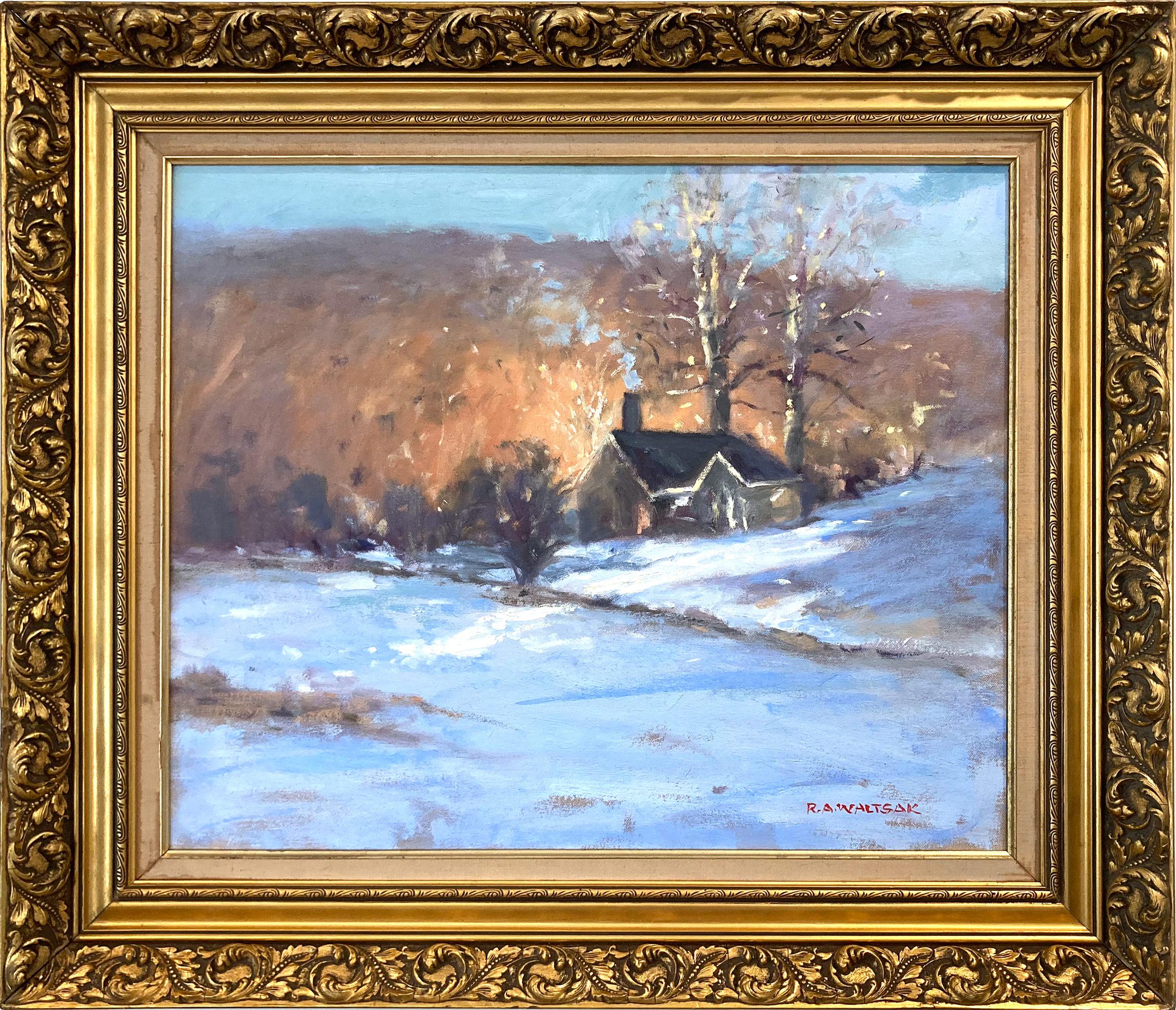 « Un matin d'hiver » : peinture impressionniste représentant un paysage enneigé, à l'huile sur toile, encadrée