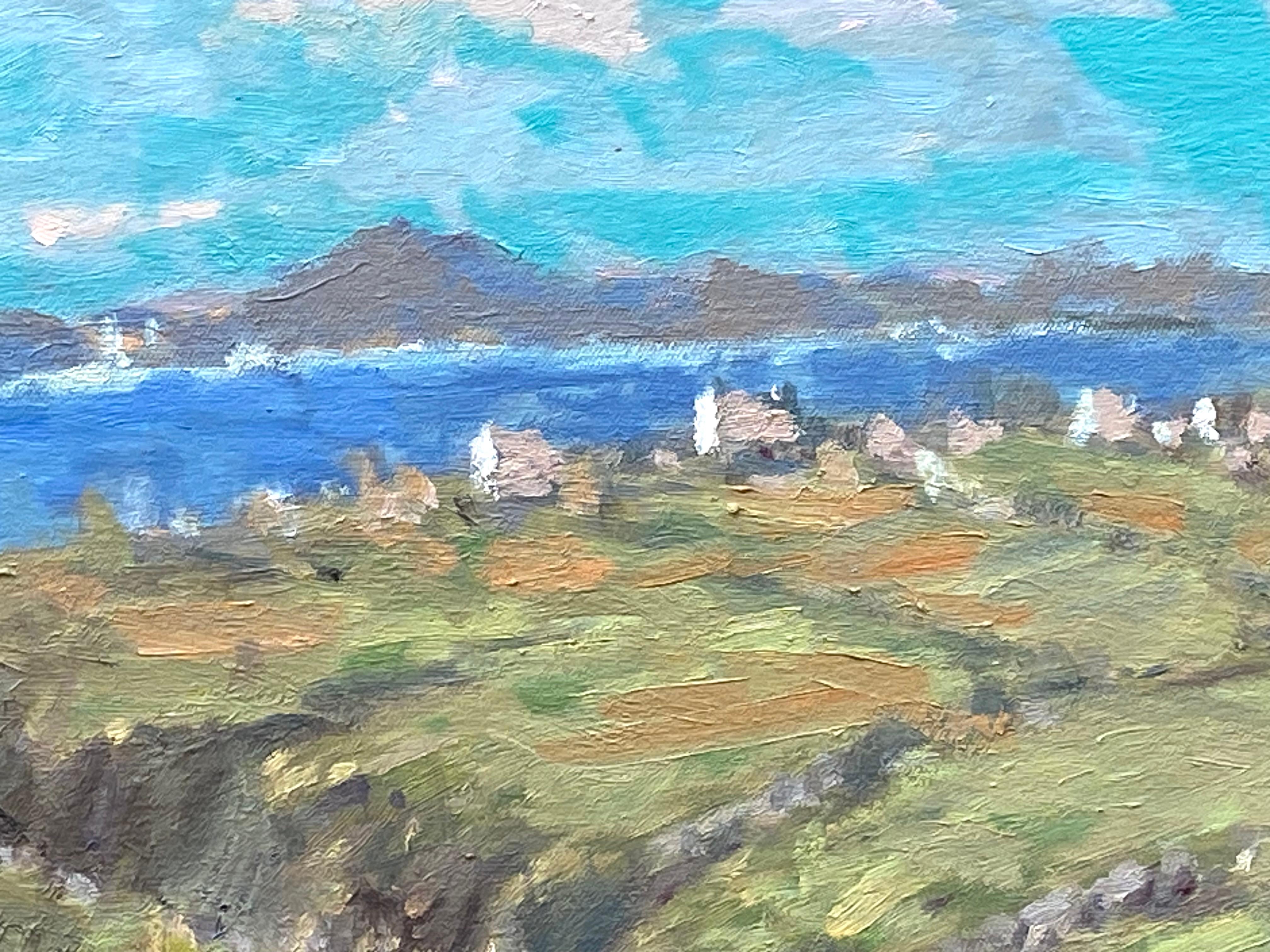 Dipinto originale a olio su tela di un panorama marino dell'artista americano Robert Waltsak.  Firmato in basso a sinistra. Le condizioni sono eccellenti. Il tutto incorniciato in una cornice grigia con riflessi dorati.  Le misure complessive della