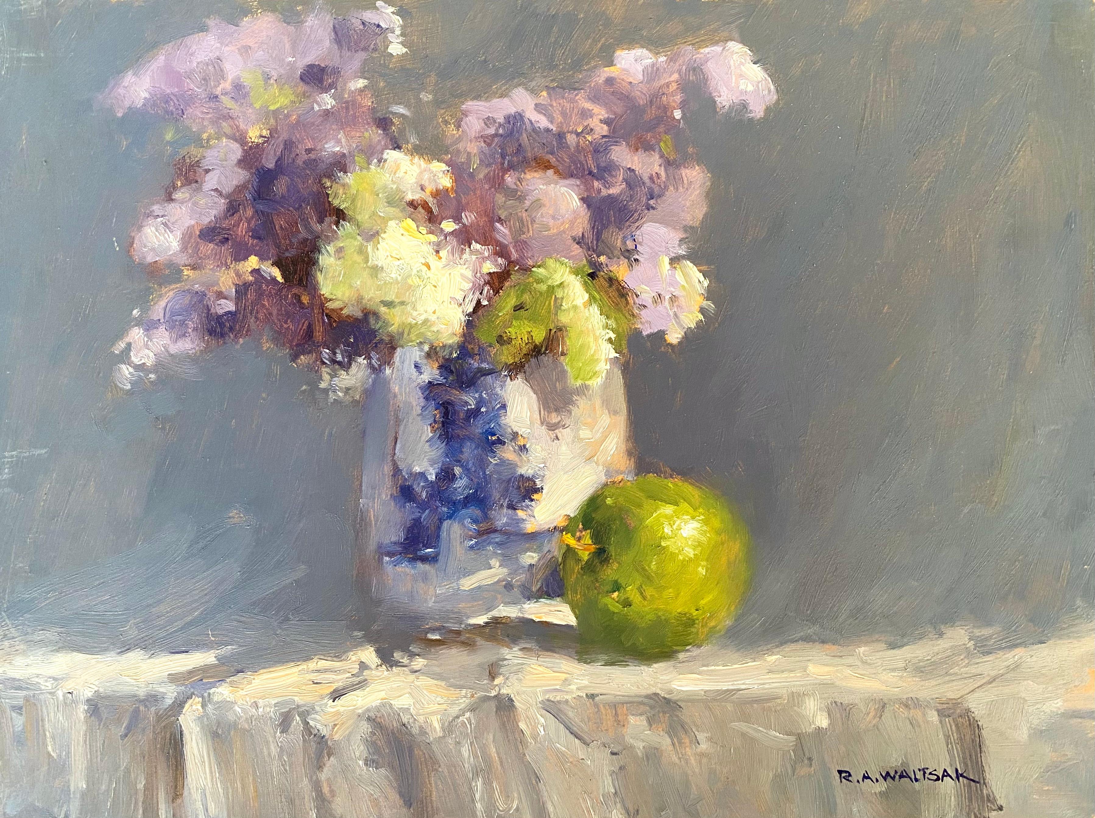 “Still Life Flowers and Apple” - Painting by Robert Waltsak