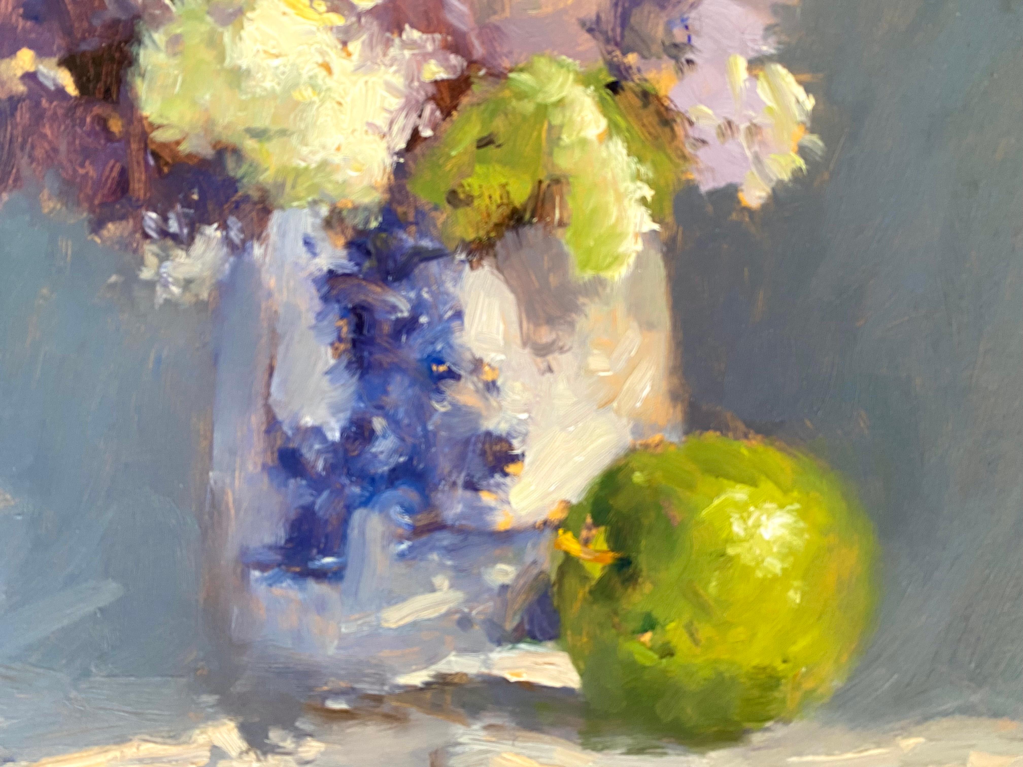 “Still Life Flowers and Apple” - Post-Impressionist Painting by Robert Waltsak