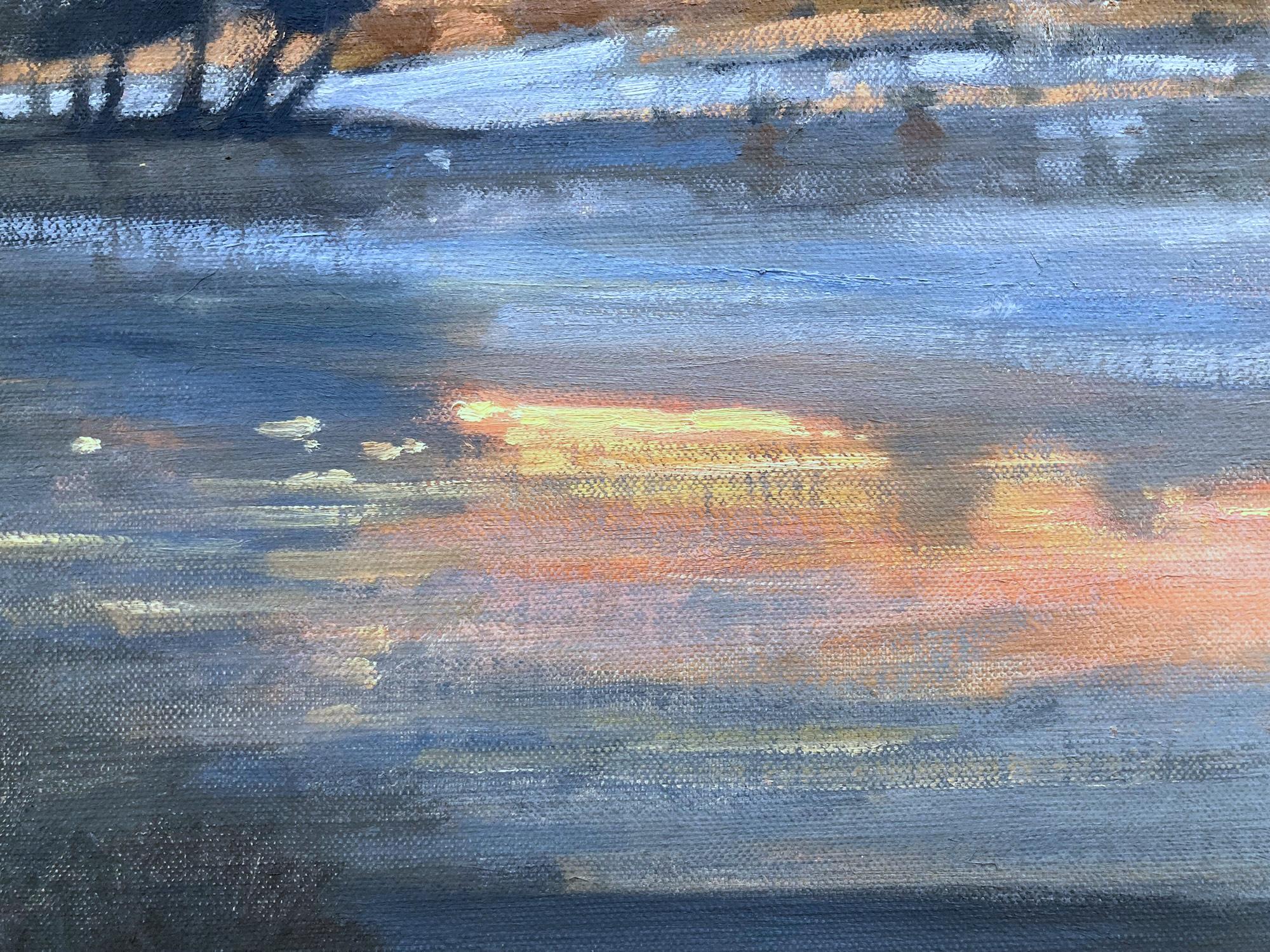 A wonderful impressionist Autumn pastoral scene of a glistening sunset on the water. Waltsak has portrayed this piece in a most intimate, yet energetic way, and has packed much feeling into this vibrant work. It is almost as if we are there in a