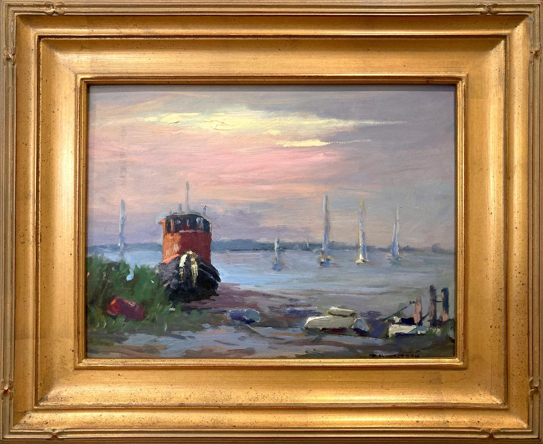 Robert Waltsak Landscape Painting - "Toot Tug Boat, Beatons, Mantoloking, N.J." Landscape Shore Oil Painting Framed