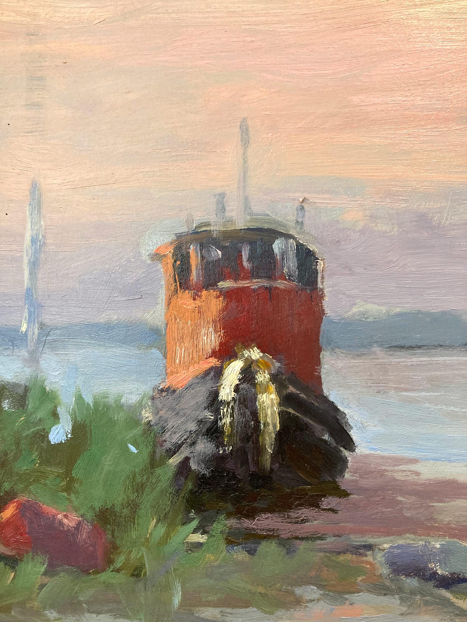 A wonderful impressionist summer seashore scene of a tug boat and sailboats in Beatons, Mantolokings, New Jersey. Waltsak has portrayed this piece in a most intimate, yet energetic way, and has packed much feeling into this vibrant work. It is