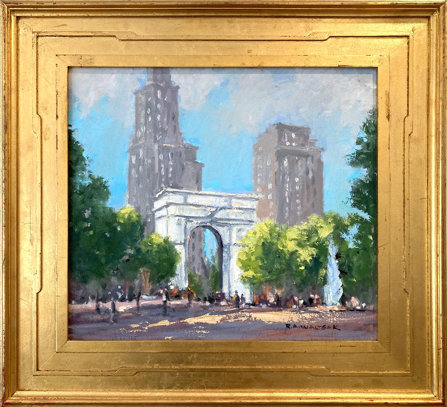 Figurative Painting de Robert Waltsak - "Washington Park, Nueva York" Monumento Pintura al Óleo sobre Lienzo Enmarcada
