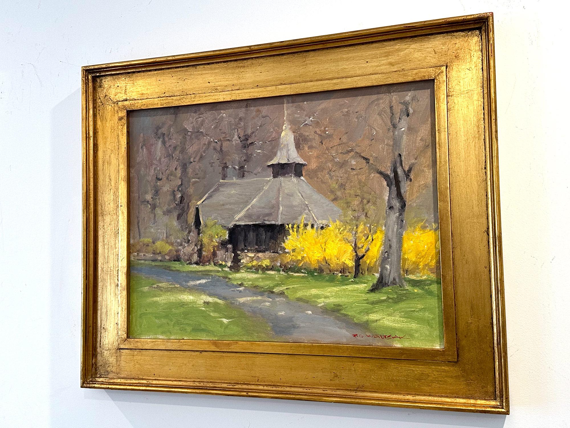„Weeping Forsythia at the Park“ Buntes Landschaftsgemälde, Ölgemälde auf Leinwand, gerahmt im Angebot 8