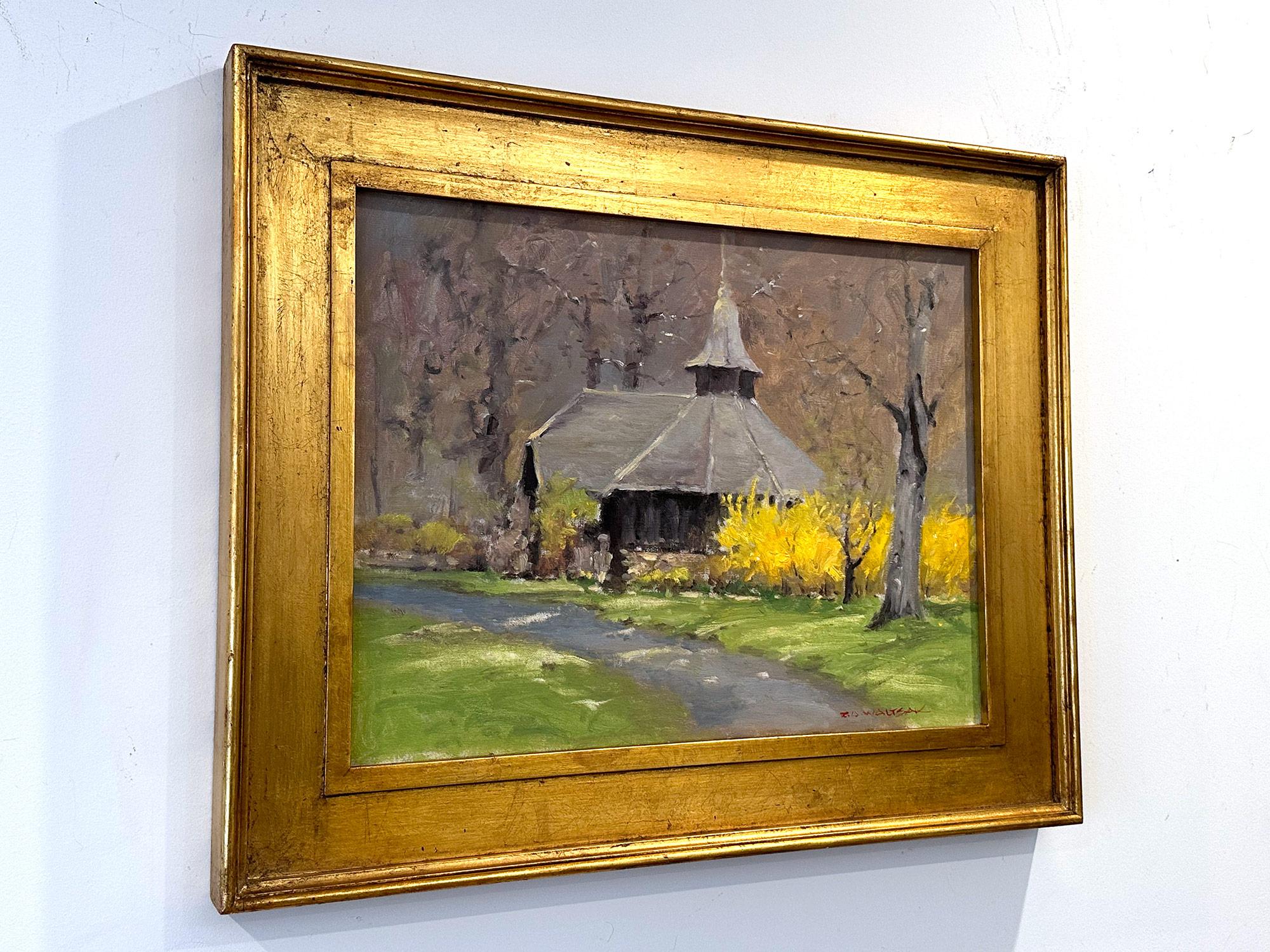 „Weeping Forsythia at the Park“ Buntes Landschaftsgemälde, Ölgemälde auf Leinwand, gerahmt im Angebot 9