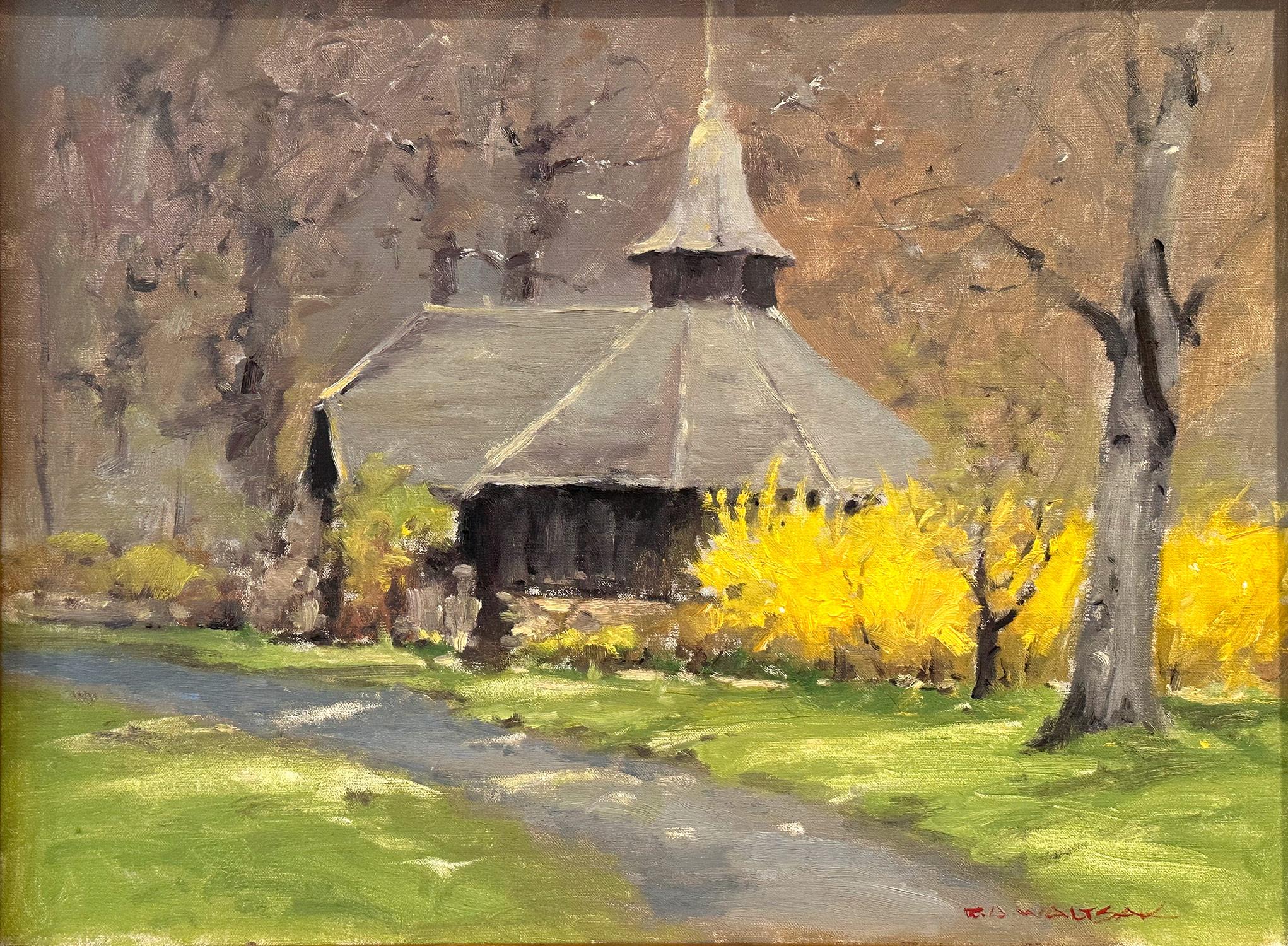 „Weeping Forsythia at the Park“ Buntes Landschaftsgemälde, Ölgemälde auf Leinwand, gerahmt – Painting von Robert Waltsak