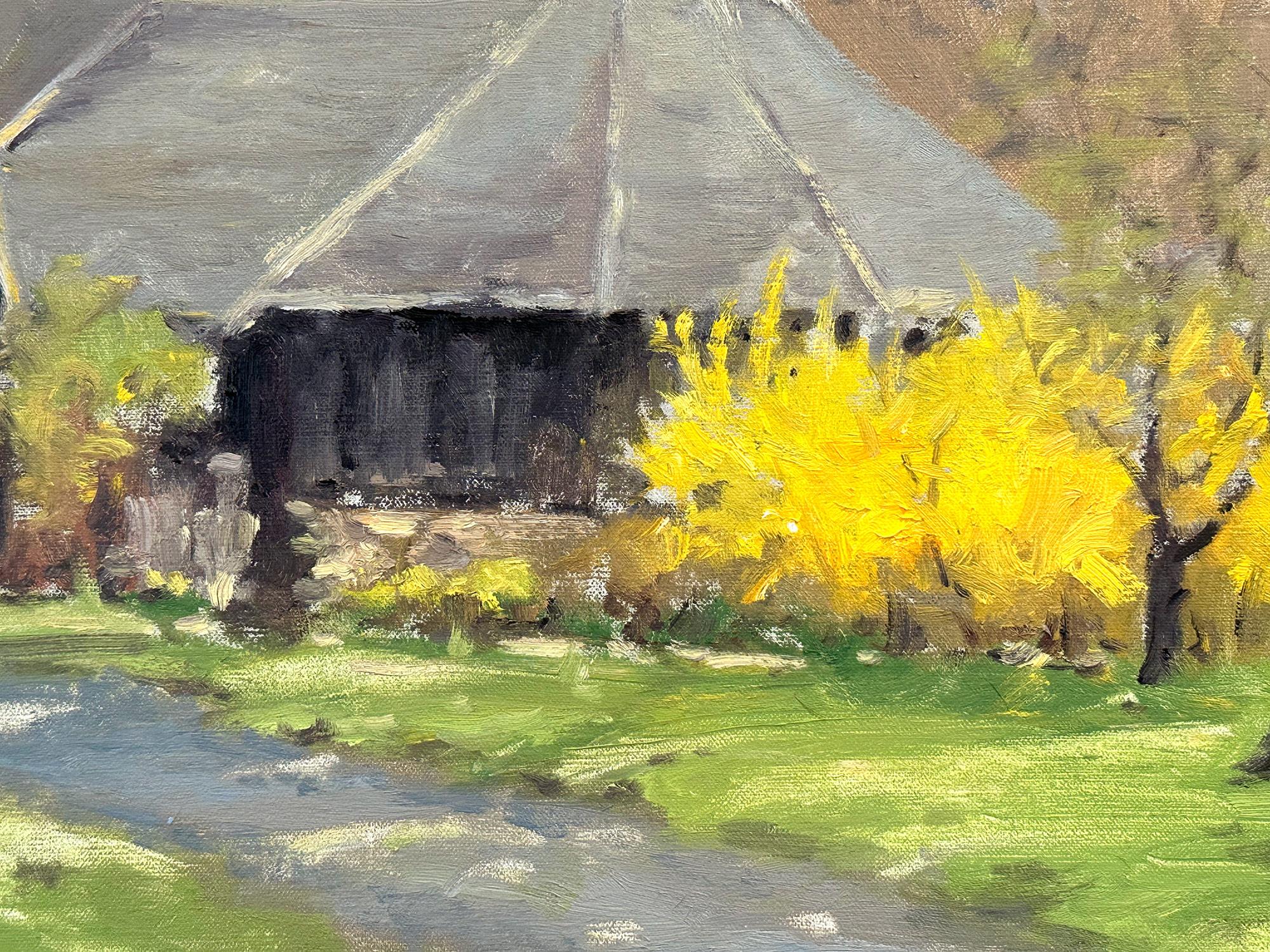 „Weeping Forsythia at the Park“ Buntes Landschaftsgemälde, Ölgemälde auf Leinwand, gerahmt (Amerikanischer Impressionismus), Painting, von Robert Waltsak