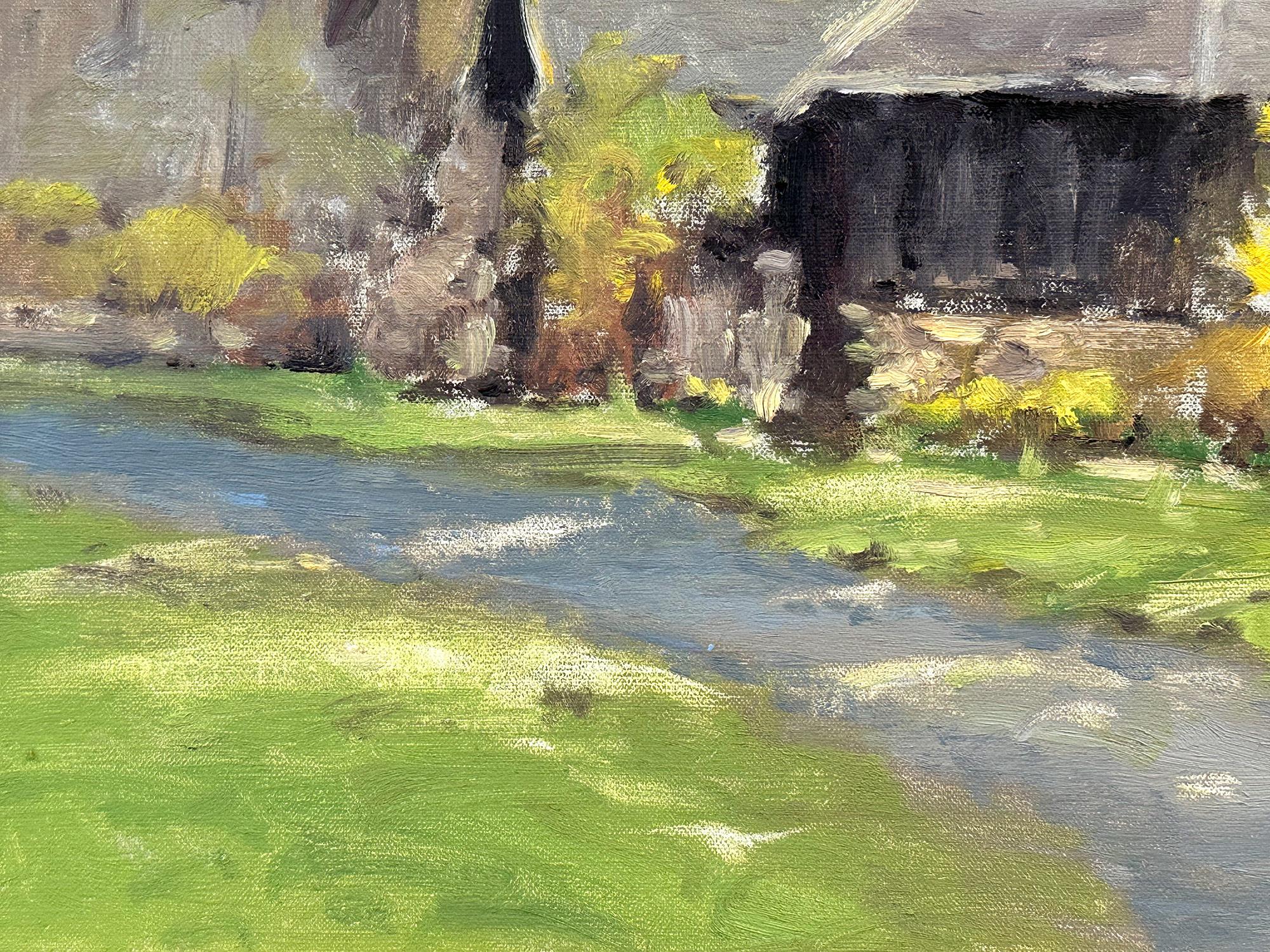„Weeping Forsythia at the Park“ Buntes Landschaftsgemälde, Ölgemälde auf Leinwand, gerahmt (Braun), Landscape Painting, von Robert Waltsak