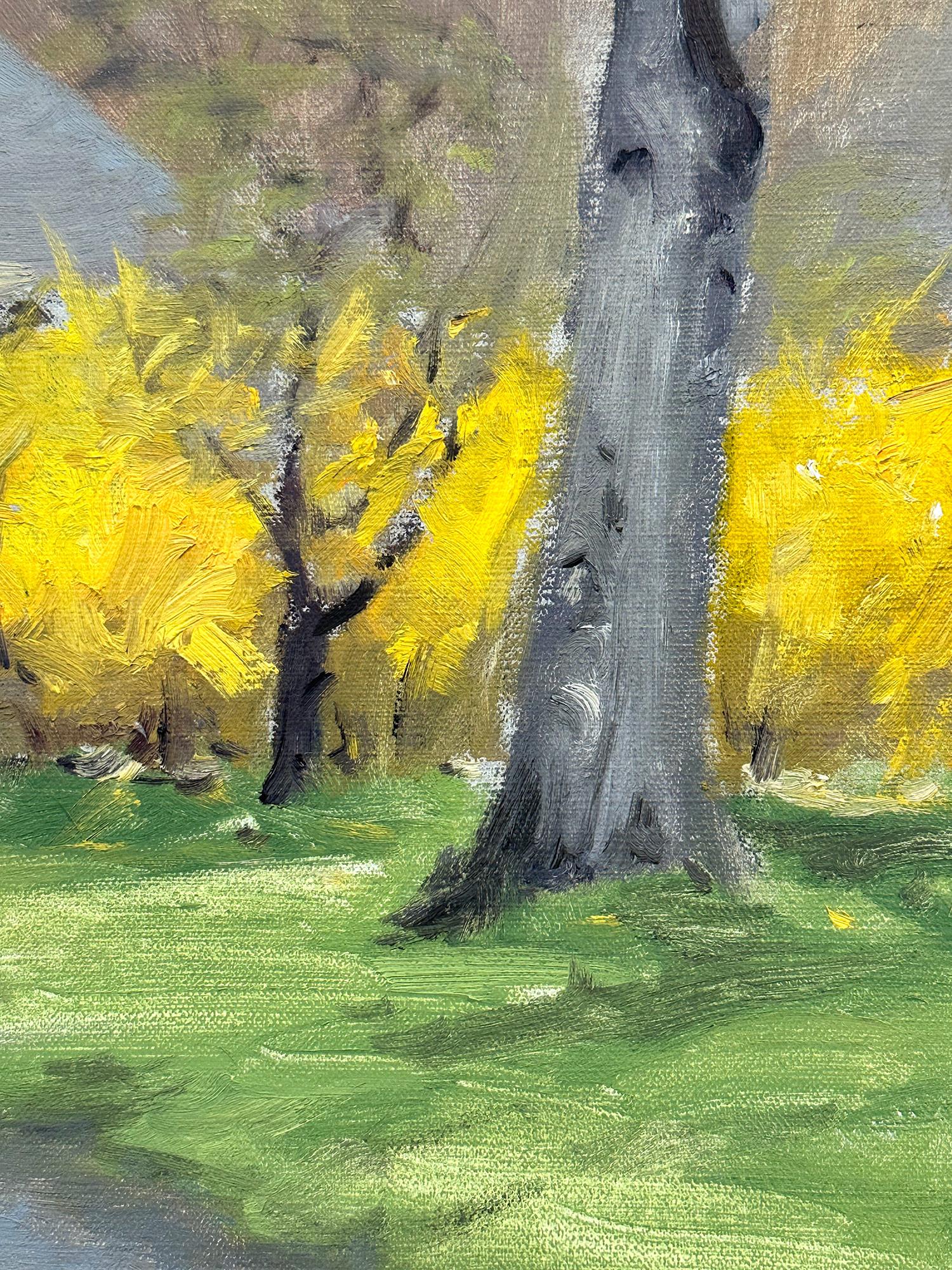 „Weeping Forsythia at the Park“ Buntes Landschaftsgemälde, Ölgemälde auf Leinwand, gerahmt im Angebot 2