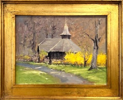 „Weeping Forsythia at the Park“ Buntes Landschaftsgemälde, Ölgemälde auf Leinwand, gerahmt