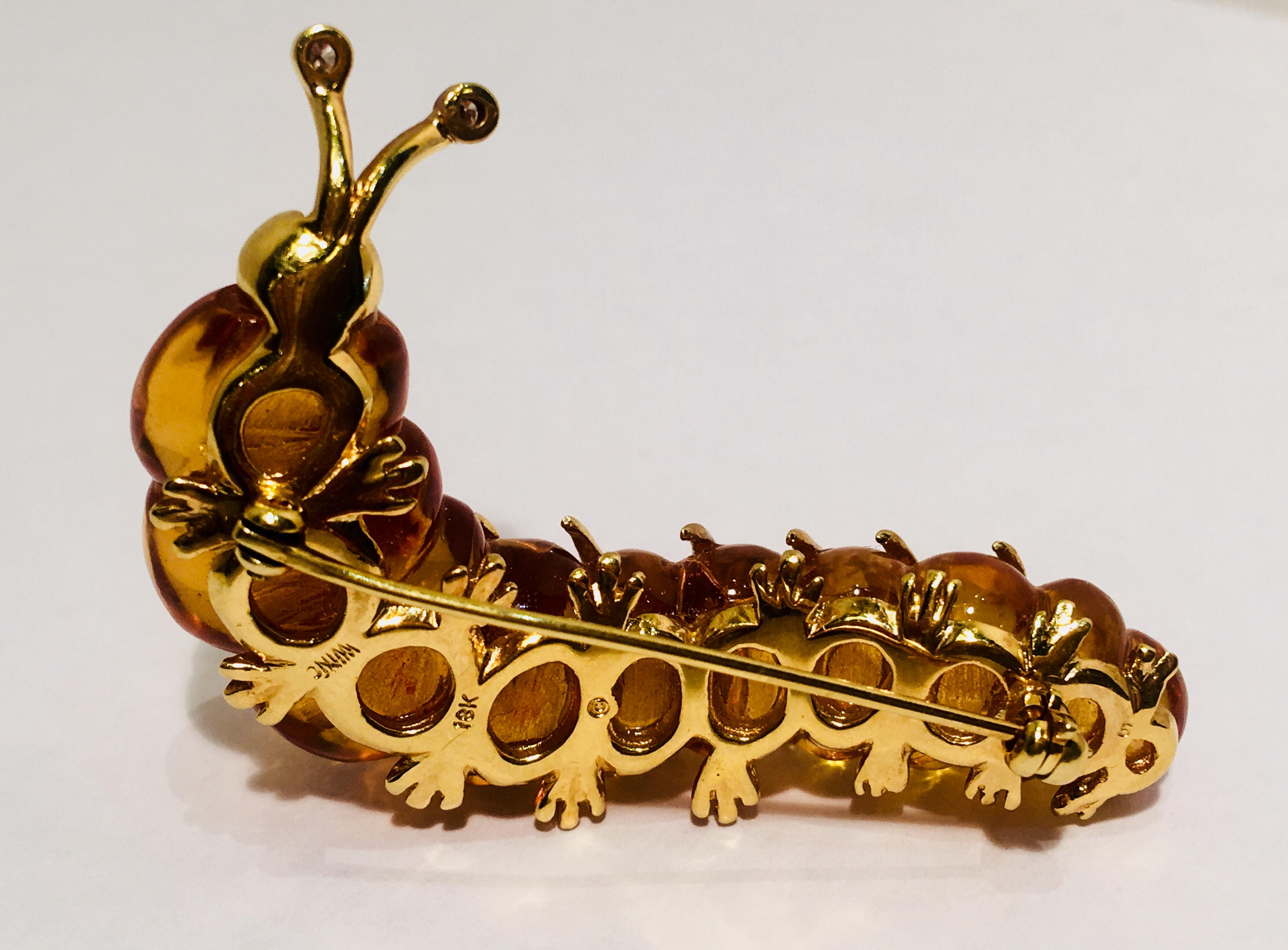 Contemporary Robert Wander WINC 18k Yellow Gold Carved Citrine Diamond Caterpillar Brooch Pin