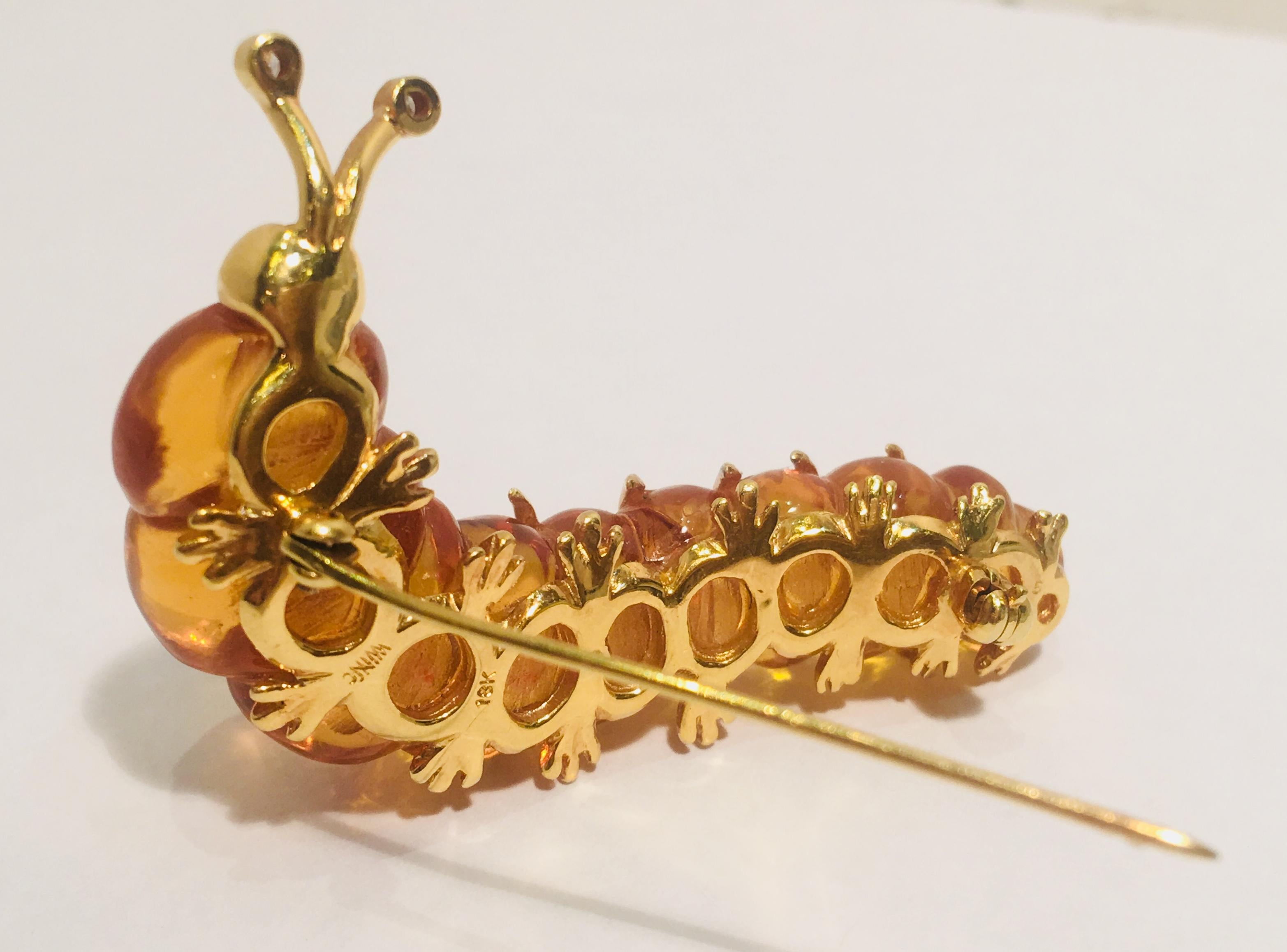 Women's Robert Wander WINC 18k Yellow Gold Carved Citrine Diamond Caterpillar Brooch Pin