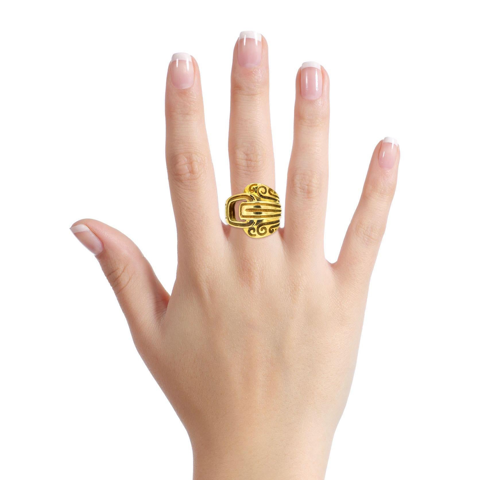 Robert Wander for Winc Creations ring in 18-karat yellow gold. 

Size, 6.5
Length, 22mm
Height, 8mm
Width, 4mm
Depth, 1.5mm
Weight, 14.3 grams 