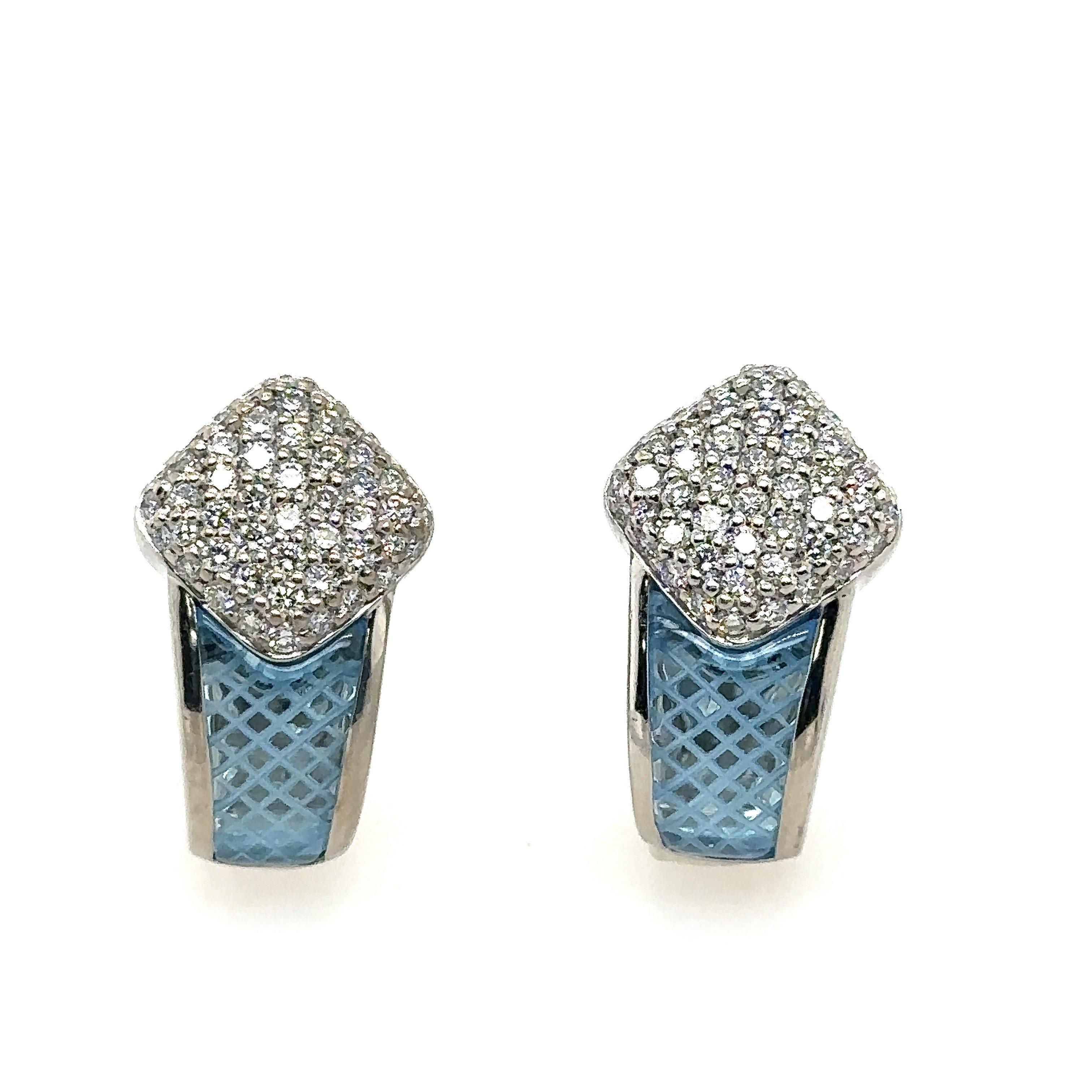 These 18KT white gold and diamond earrings were designed by Robert Wander for WINC creations. The earrings feature approximately 2.5CT round diamond paired with Swiss blue topaz with a unique lattice work etched design. The earrings have versatile
