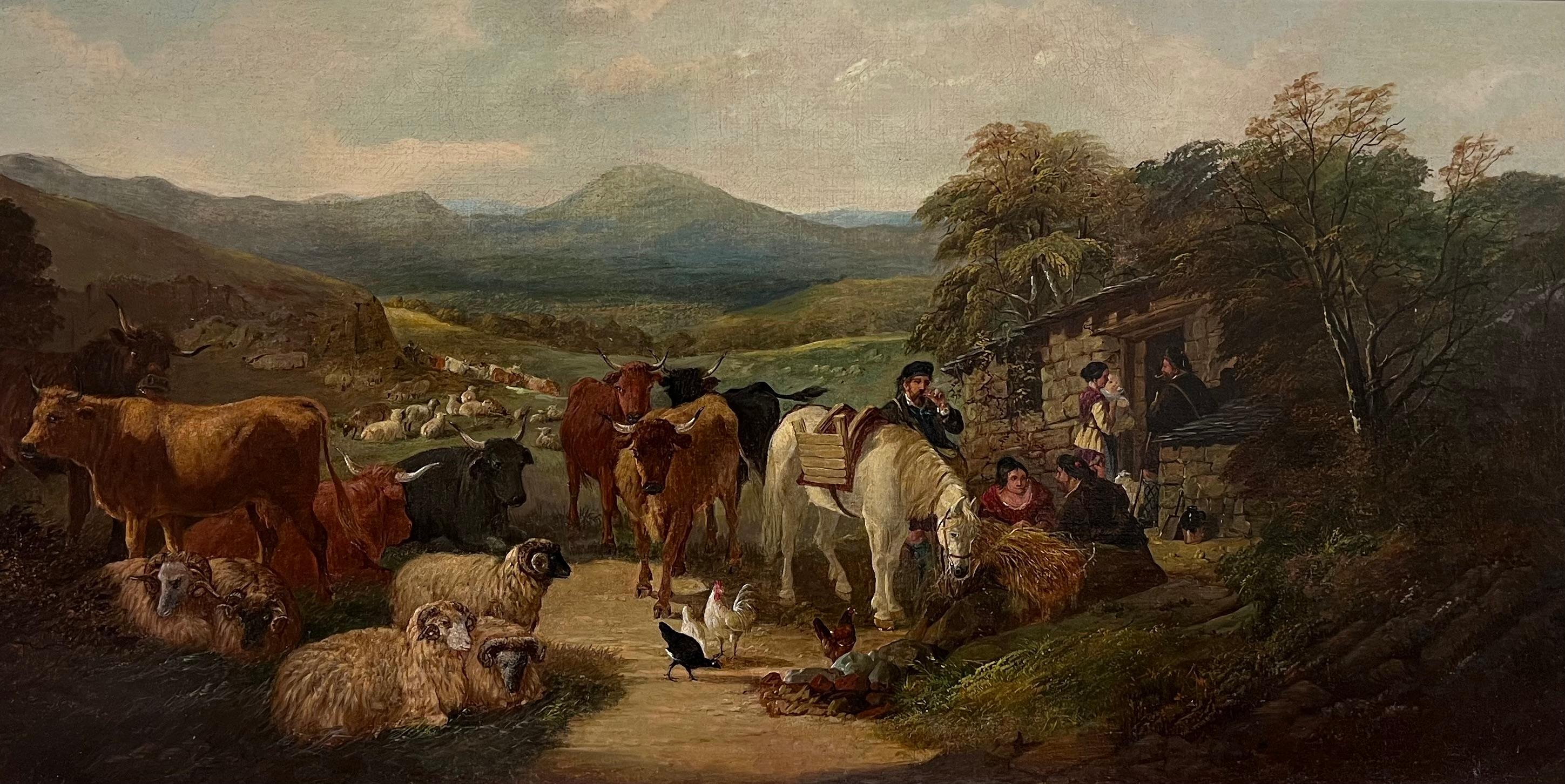 Grande peinture écossaise victorienne à l'huile Highland Family Cottage & Animals, encadrée - Painting de Robert Watson