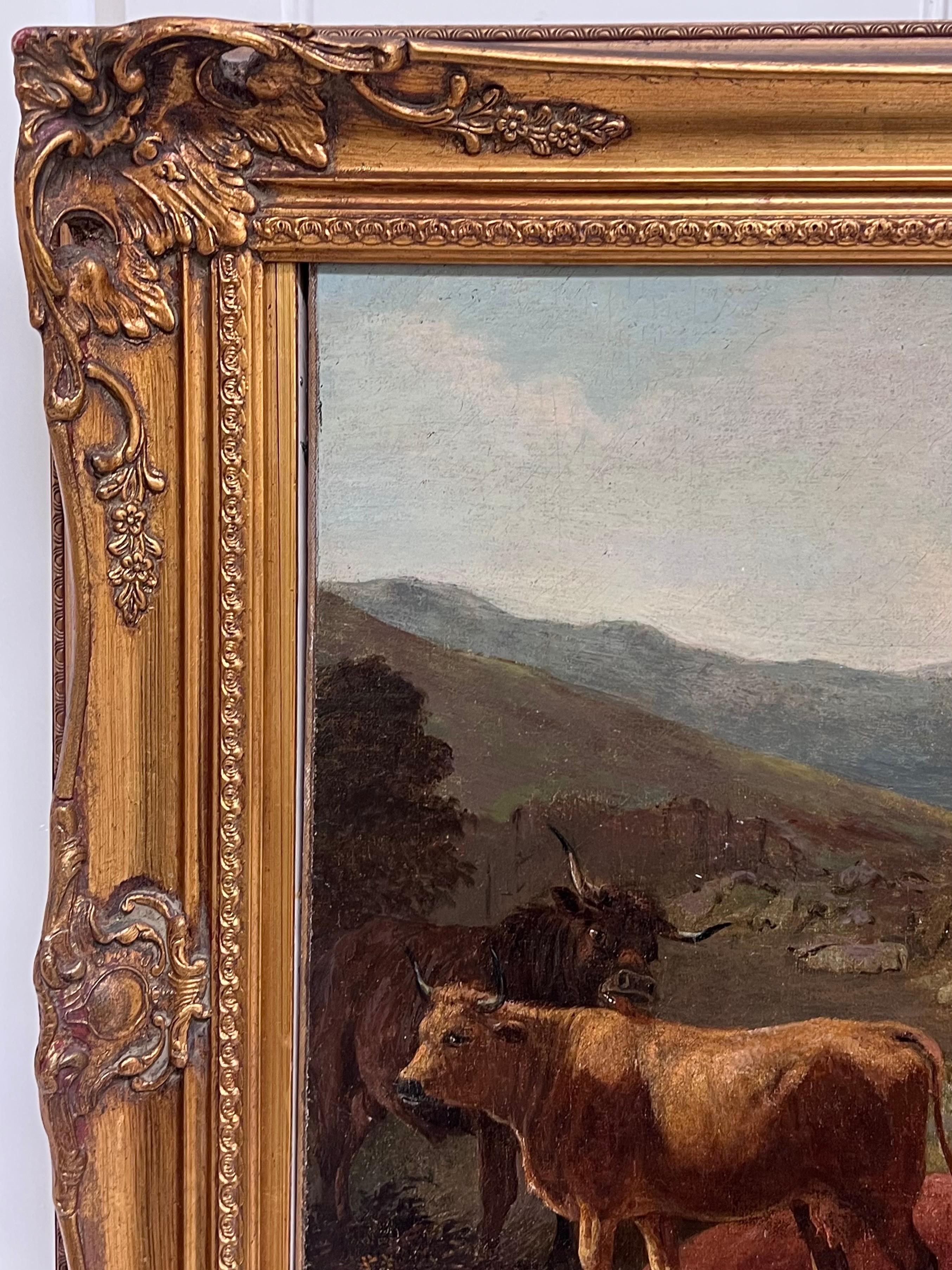 Grande peinture écossaise victorienne à l'huile Highland Family Cottage & Animals, encadrée - Victorien Painting par Robert Watson