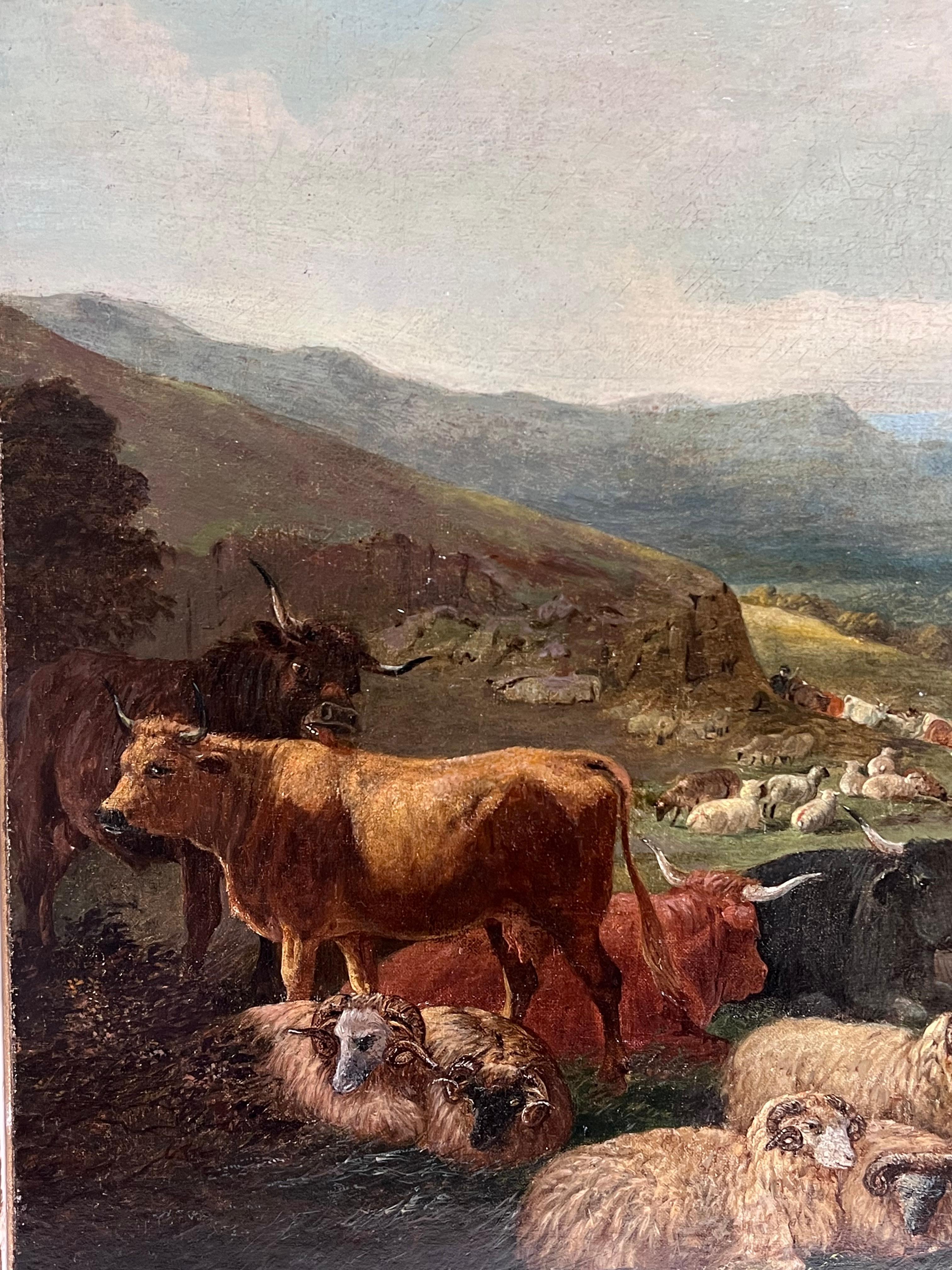 Grande peinture écossaise victorienne à l'huile Highland Family Cottage & Animals, encadrée - Marron Landscape Painting par Robert Watson
