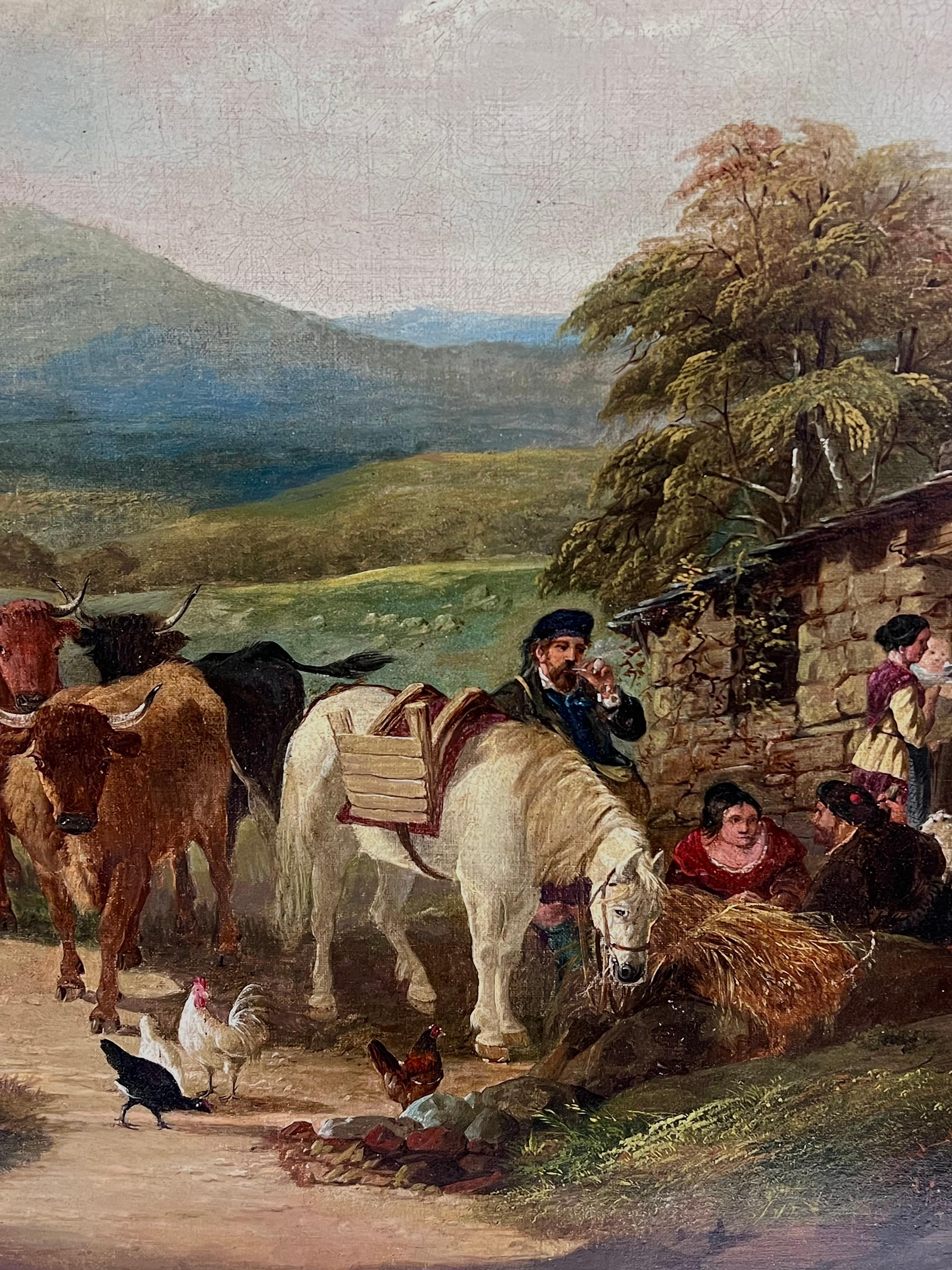 Grande peinture écossaise victorienne à l'huile Highland Family Cottage & Animals, encadrée en vente 1