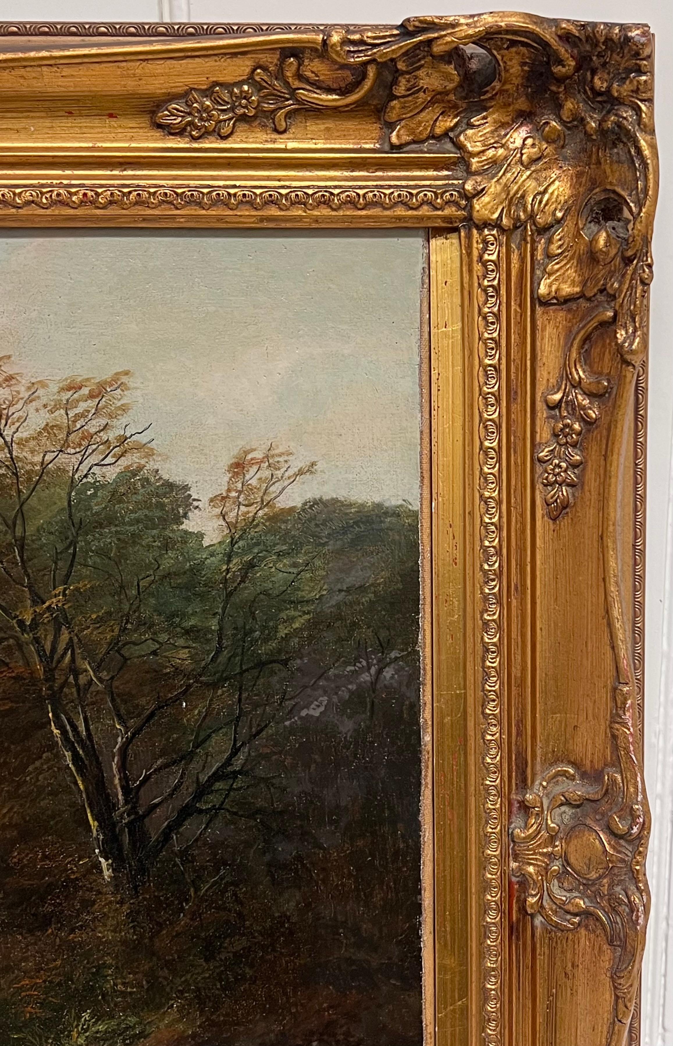 Grande peinture écossaise victorienne à l'huile Highland Family Cottage & Animals, encadrée en vente 2
