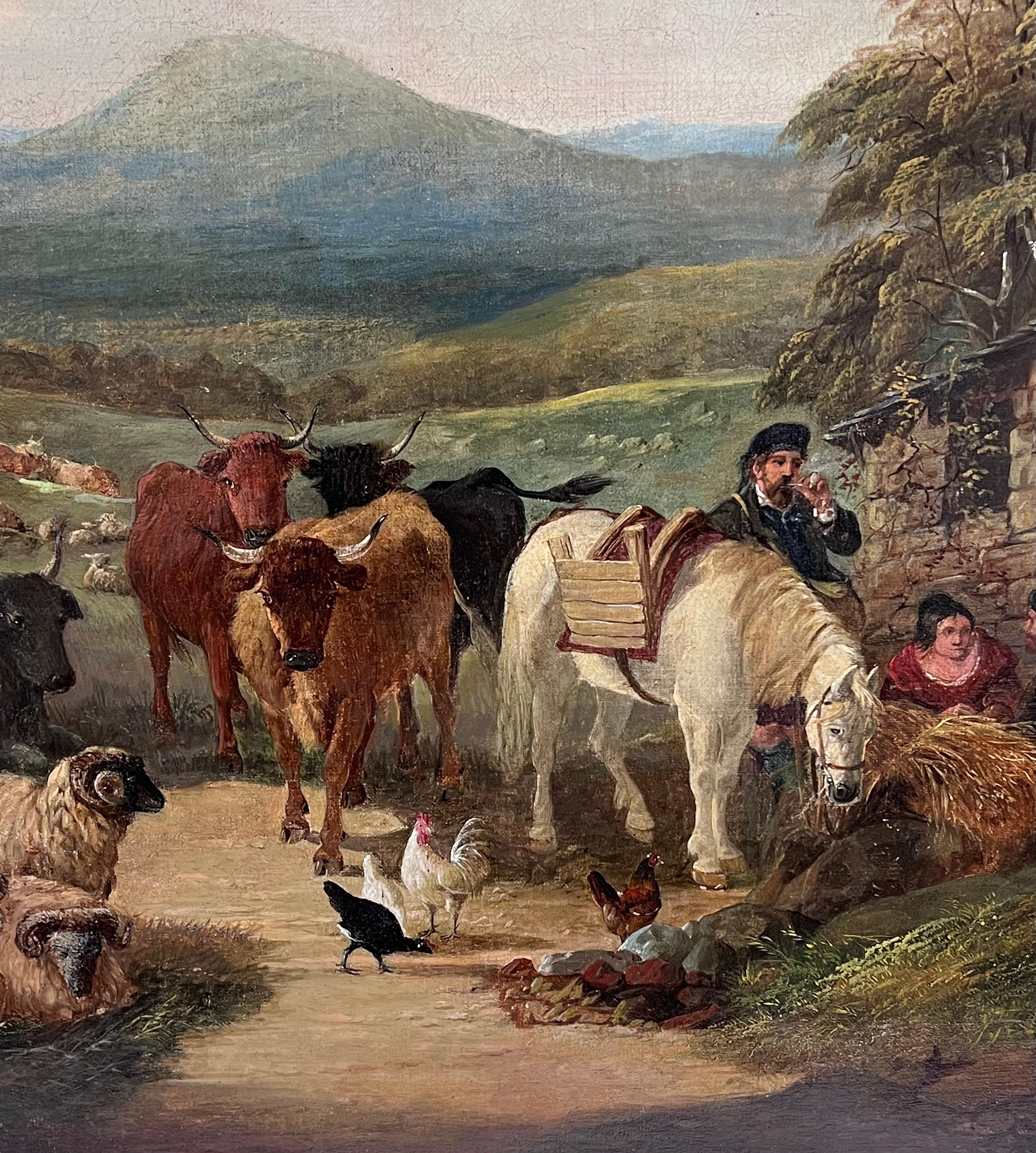 Grande peinture écossaise victorienne à l'huile Highland Family Cottage & Animals, encadrée en vente 3