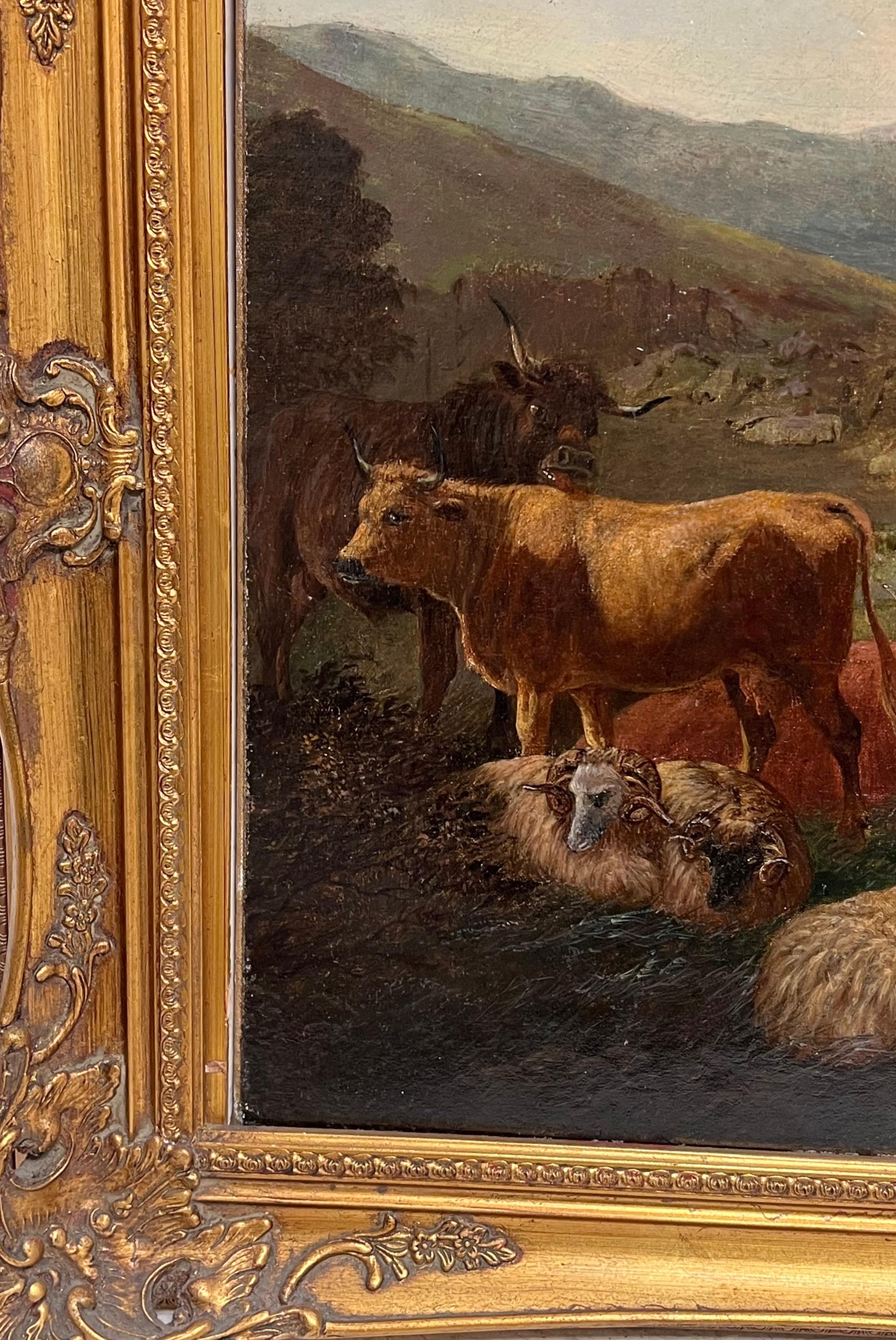 Grande peinture écossaise victorienne à l'huile Highland Family Cottage & Animals, encadrée en vente 4