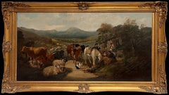 Huge Victorian Scottish Oil Painting Highland Family Cottage & Animals, framed