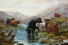 19. Jahrhundert Schottische Landschaft Ölgemälde von Highland Cattle an einem Bach