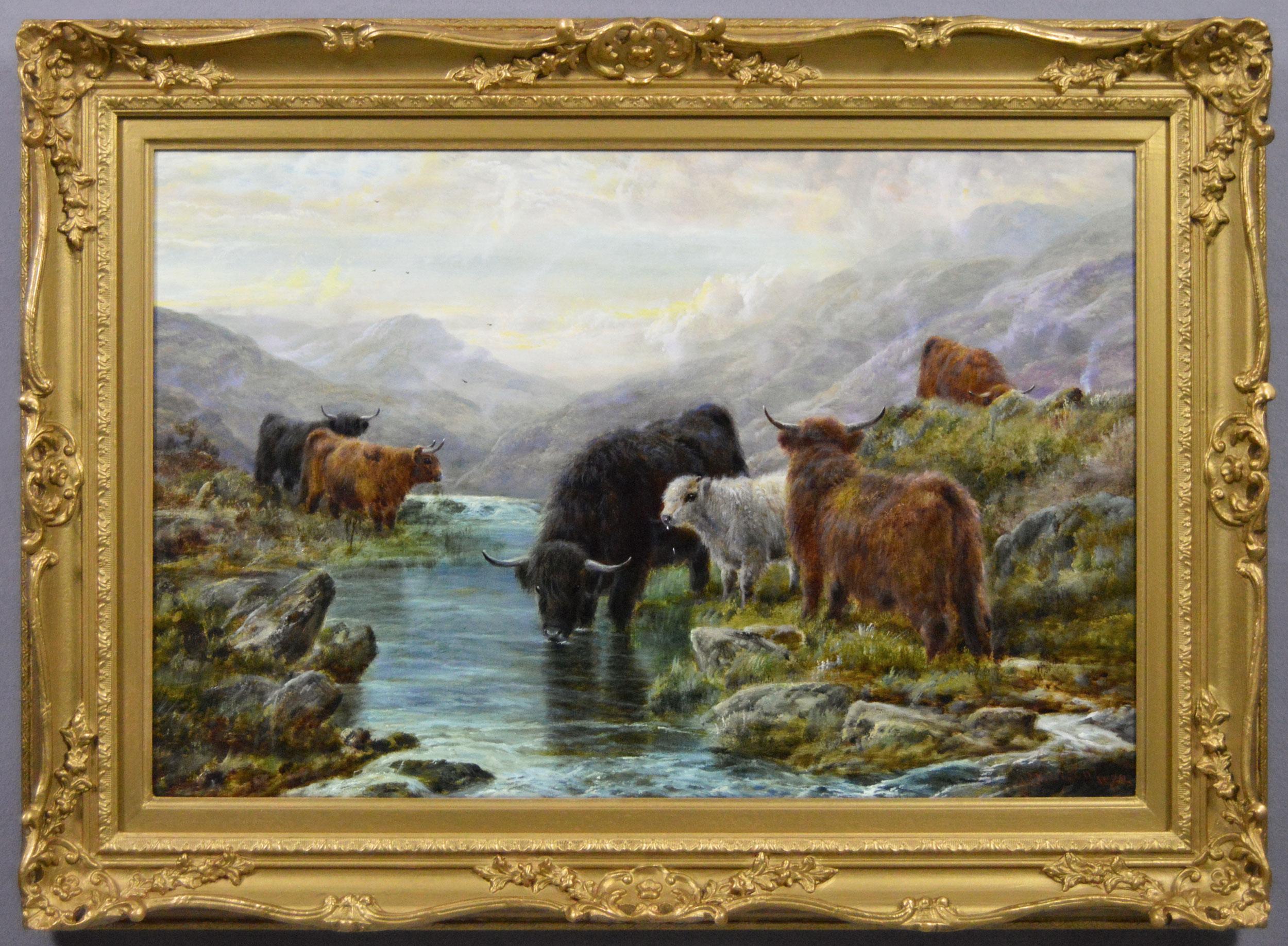 Peinture à l'huile de paysage écossais du 19e siècle représentant des bovins des Highlands près d'un ruisseau