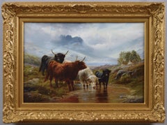 19th Century Scottish landscape oil painting of Highland Cattle 