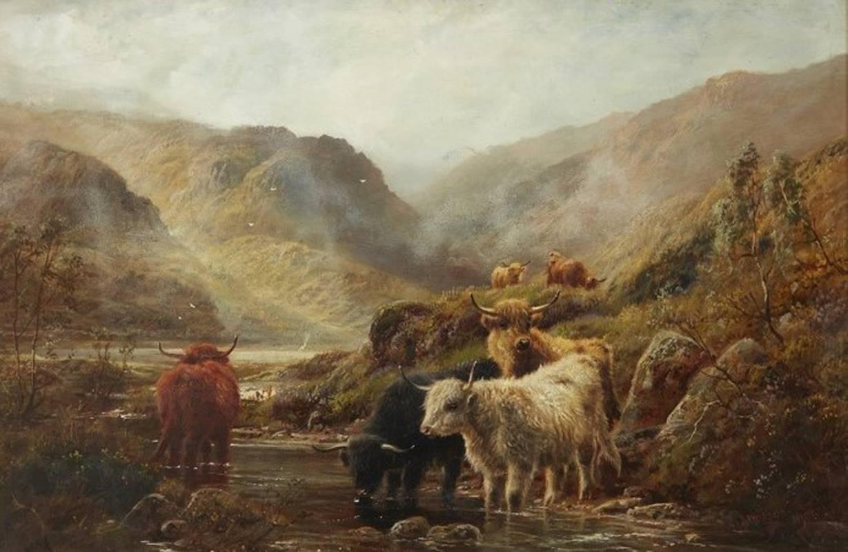 Highland Cattle by a Mountain Stream - Painting by Robert Watson