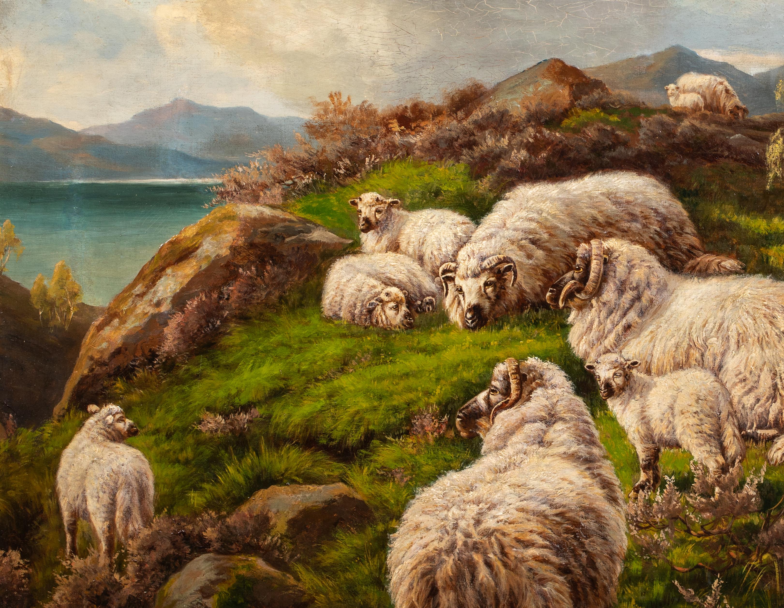 Highland Sheep Resting By Loch Lomond, 19th Century

by ROBERT WATSON (1865-1916)

Large 19th Century Scottish Highland scene of sheep resting by the Loch, oil on canvas by Robert Watson. Excellent quality and condition example of the famous