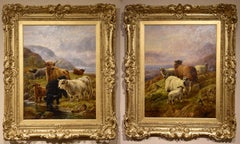 Paire de peintures à l'huile de Robert Watson « Highland cattle and Sheep in the Glen »