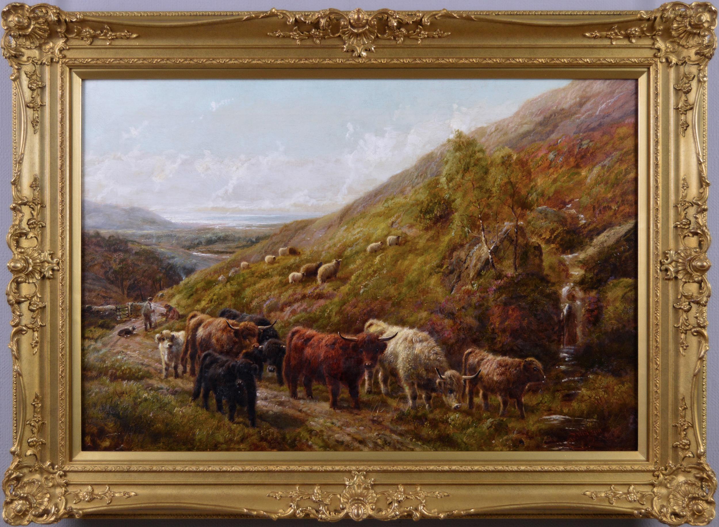 Scottish landscape oil painting of highland cattle near a coast