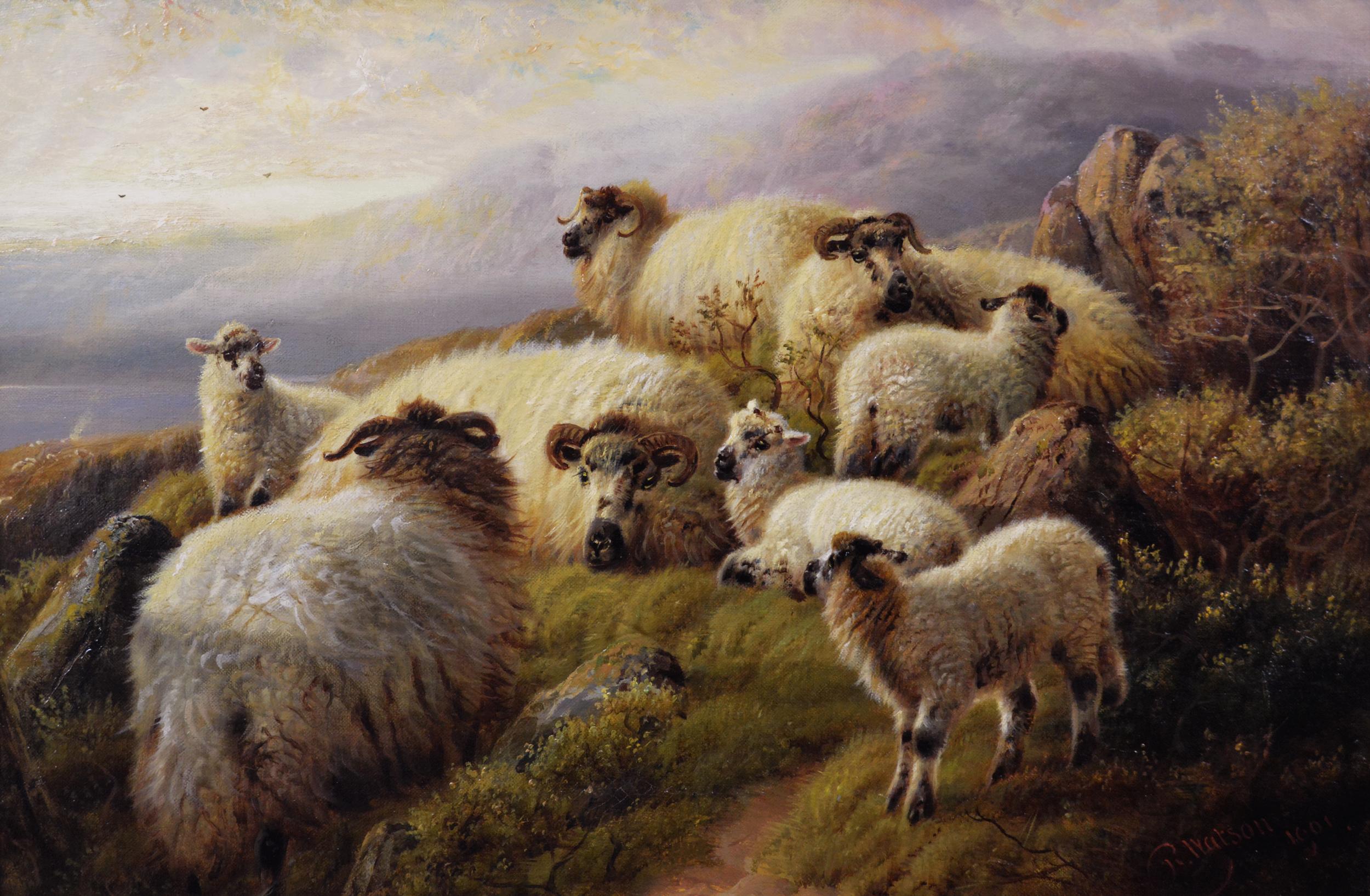 Scottish landscape oil painting of sheep resting near a Highland Loch - Painting by Robert Watson