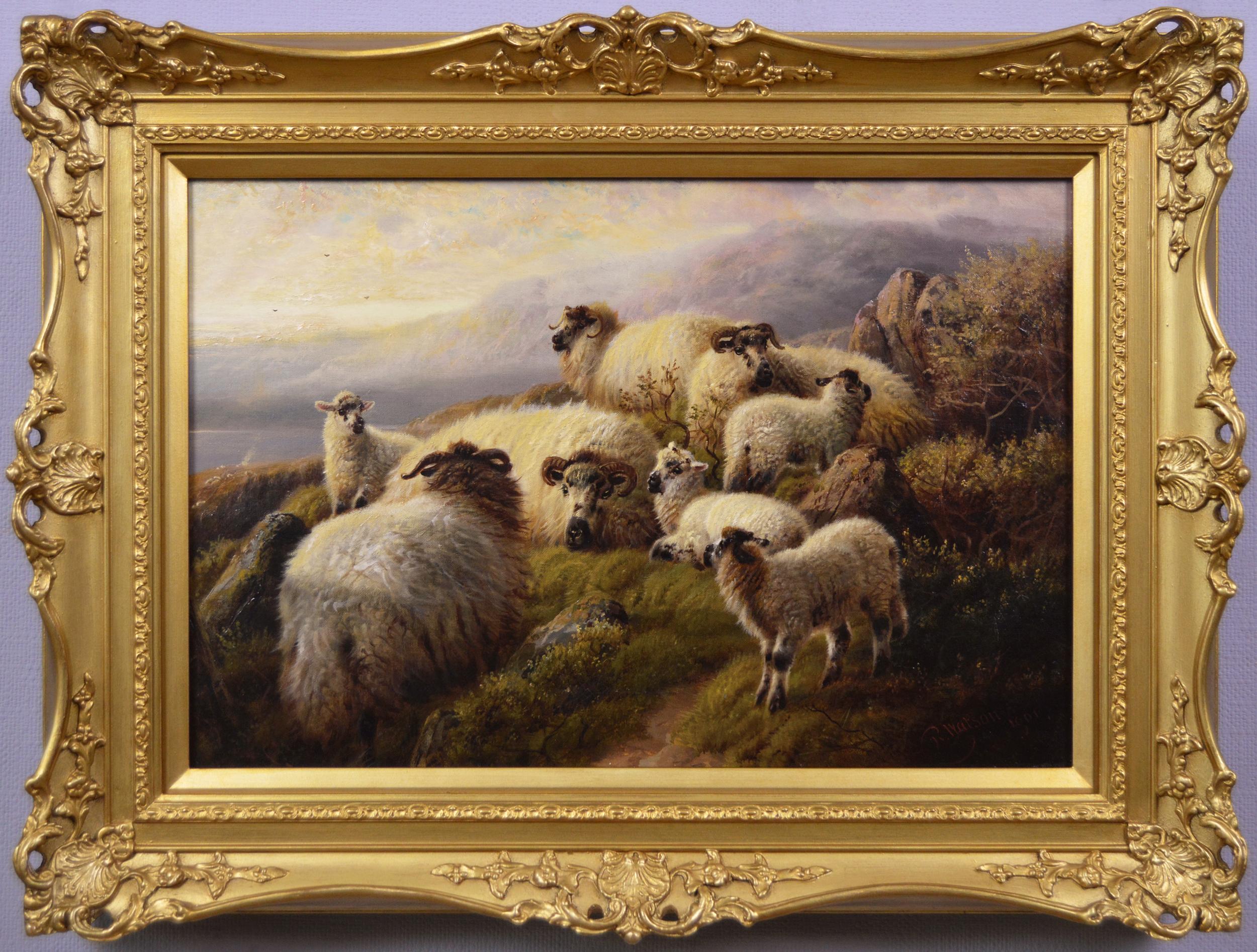Scottish landscape oil painting of sheep resting near a Highland Loch