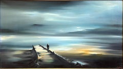 Paisaje marino y figurativo de mediados de siglo Óleo original sobre lino