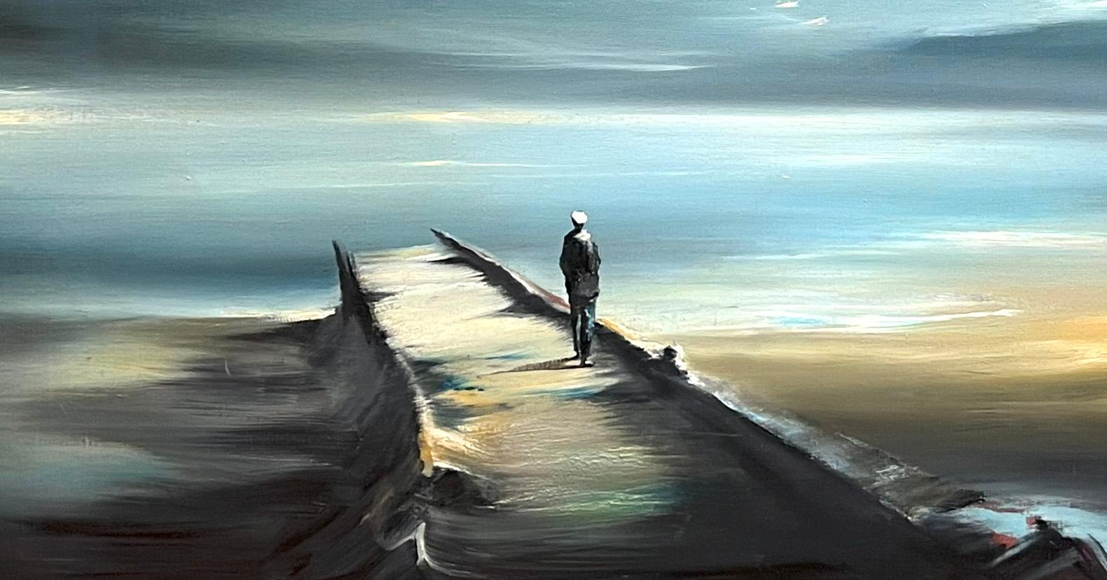 Seascape  Original oil painting on Linen 1956
Solitary figure on wharf by California artist Robert Watson, painted 1956 (1923 - 2004)The following, is from Tony Watson, son of the artist who wrote and was published in the San Francisco Chronicle.