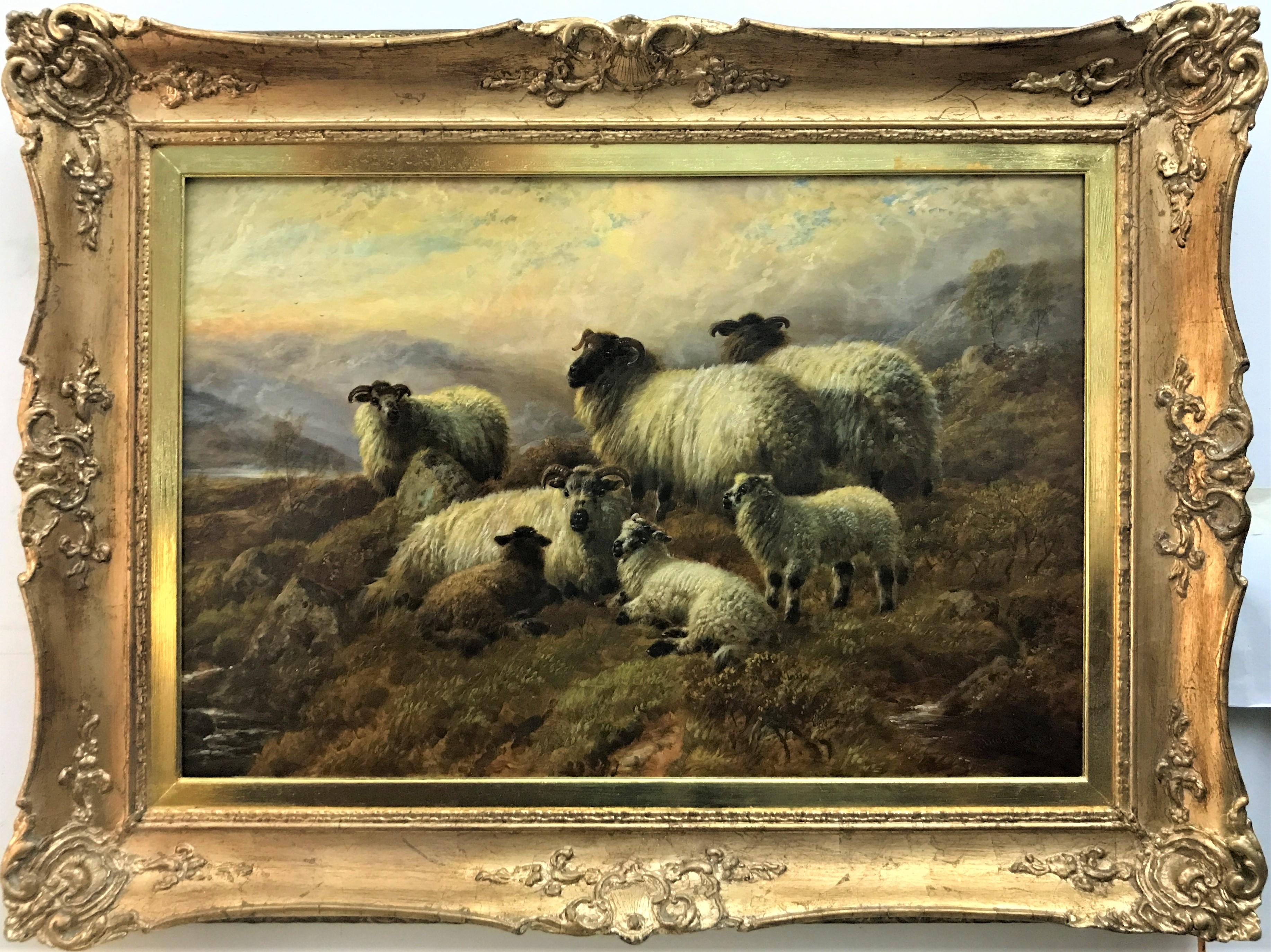Moutons sur un Hillside, huile sur toile originale, moutons dans un paysage de montagne, 1915 - Painting de Robert Watson