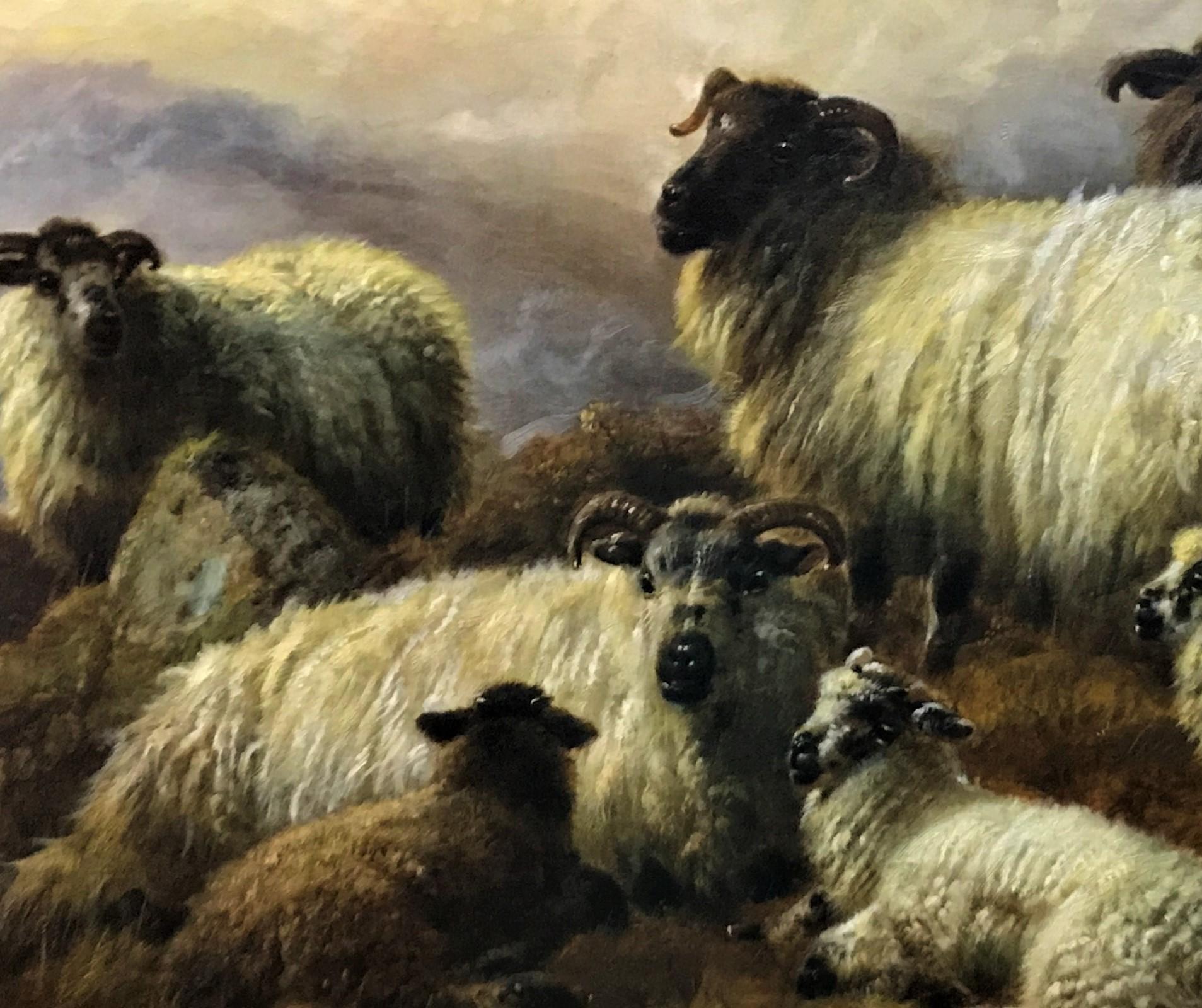 Cette magnifique peinture à l'huile sur toile représentant des moutons sur une colline, datée de 1915, est l'œuvre de l'artiste britannique de l'époque victorienne Robert Watson. Robert William Watson est né à Brighton, Sussex, en 1855. Il était le
