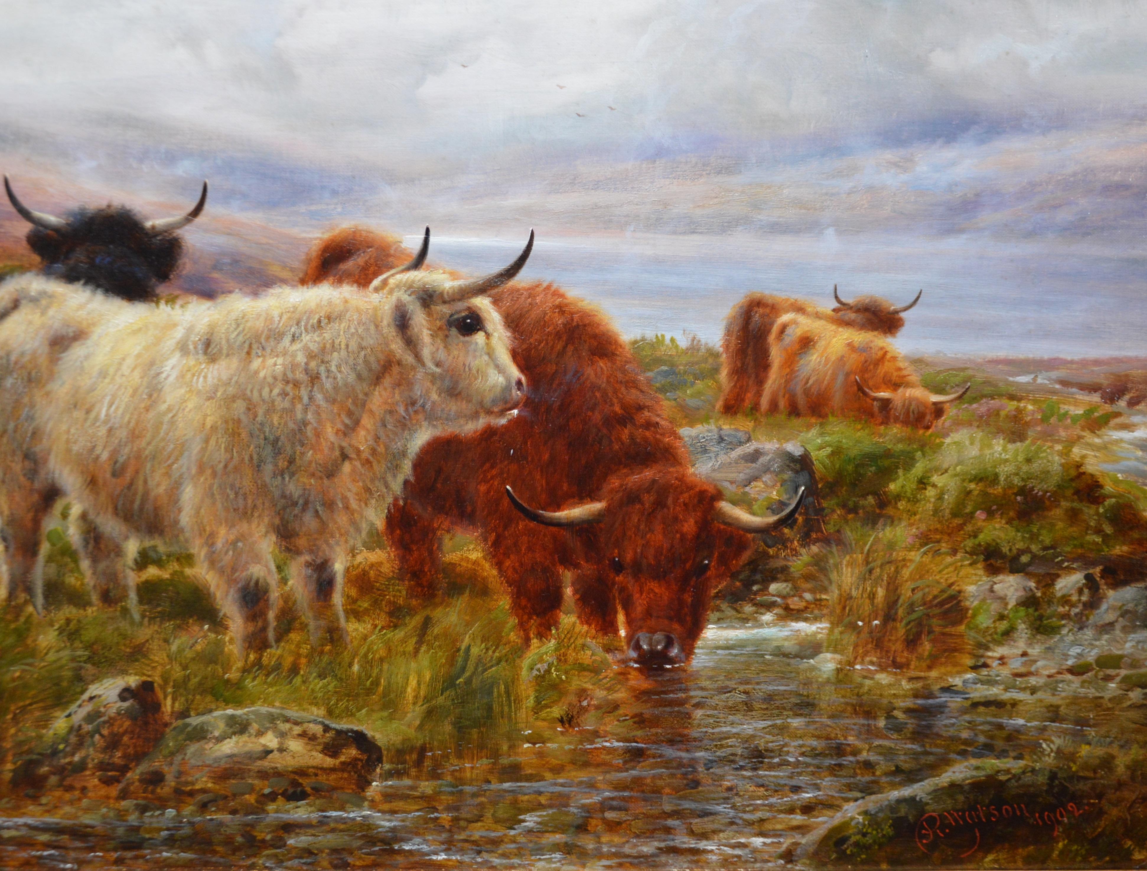 ‘The Banks of Loch Lomond’ by Robert Watson (1855-1920). The painting, which depicts a herd of Highland cattle watering in the Highlands of Scotland, is signed by the artist and dated 1902. It hangs in a newly commissioned gold metal leaf frame of