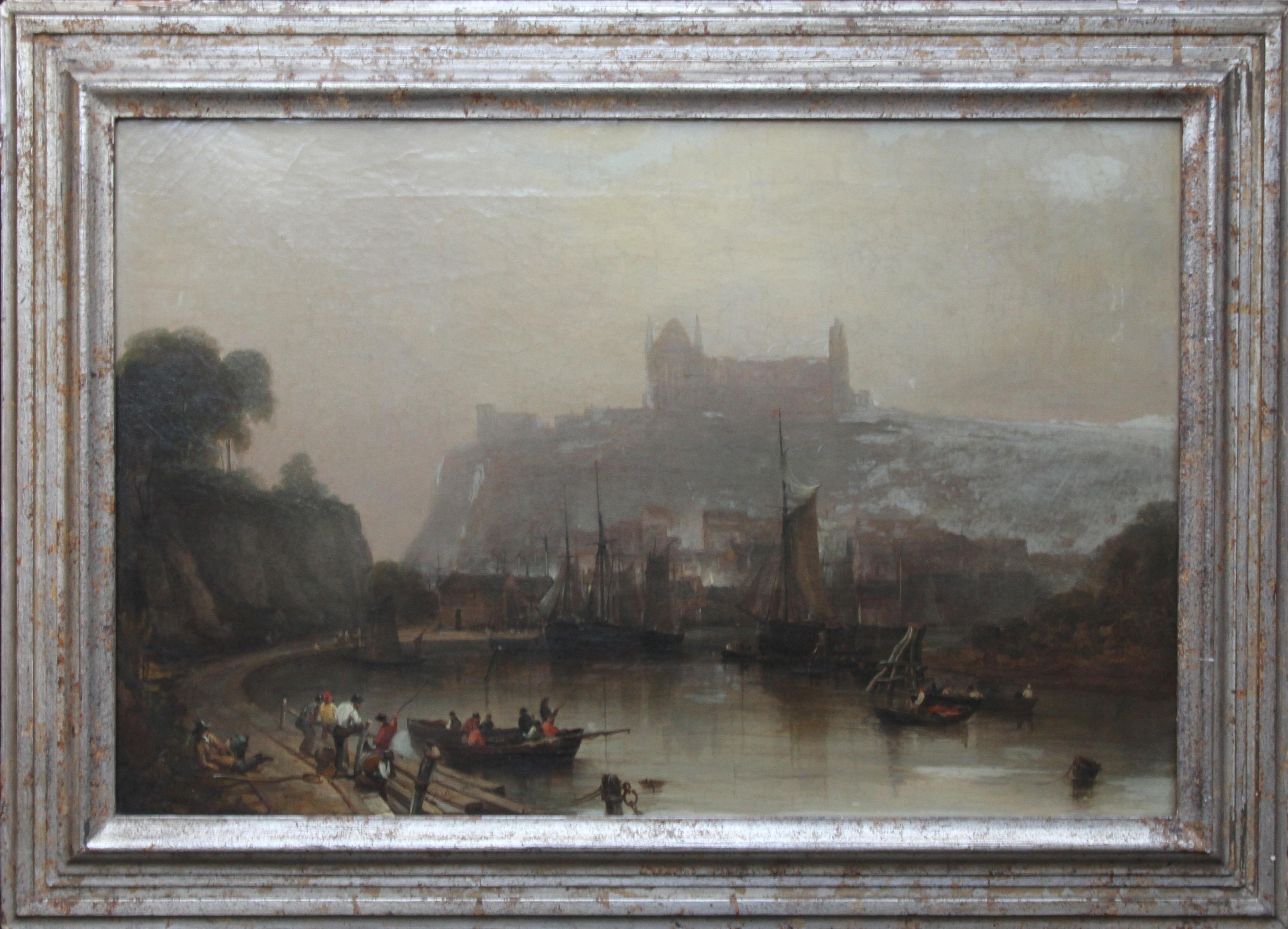 Whitby Harbour and Abbey - British 19th century Victorian landscape oil painting