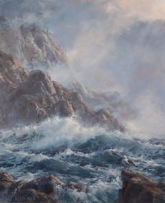 "Olas que rompen en las rocas"   Paisaje marino americano Pintura al óleo