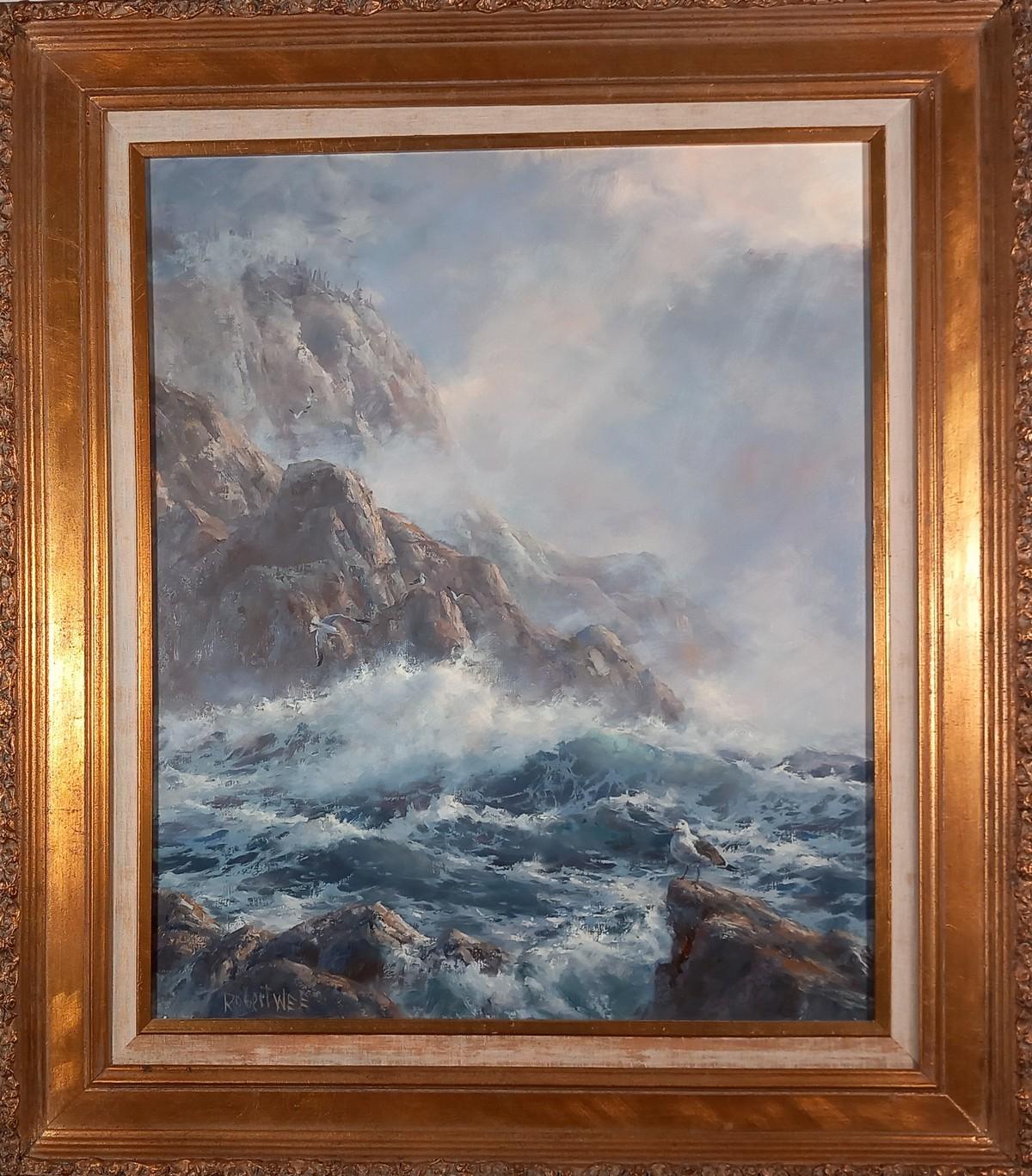 Crashing Waves on the Rocks   Seestück Ölgemälde – Painting von Robert Wee