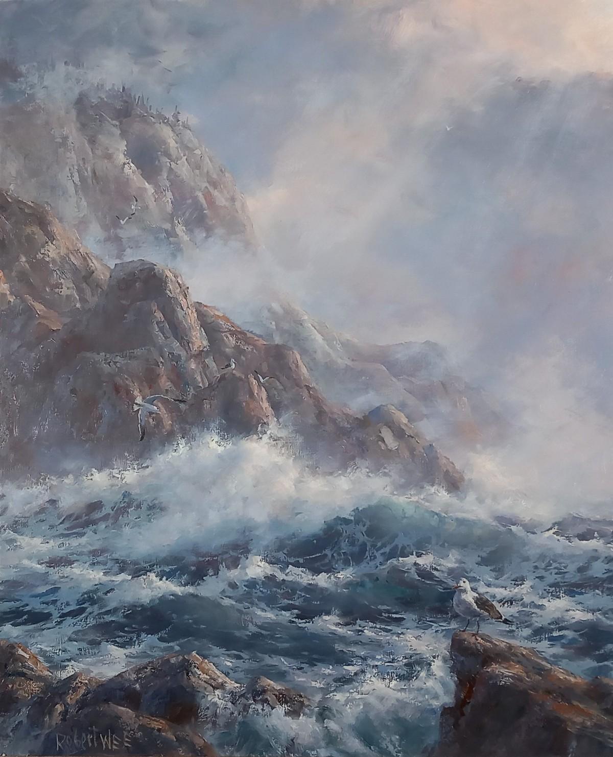 Robert Wee Landscape Painting – Crashing Waves on the Rocks   Seestück Ölgemälde