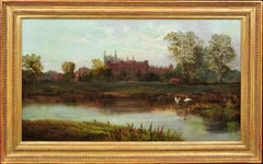 Eton College and Chapel and the Banks of the River Thames.Victorian Oil Painting