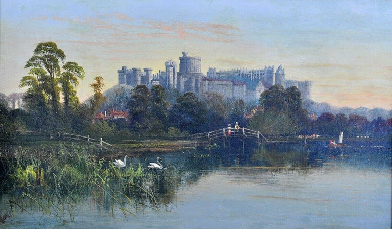 Windsor Castle from the Thames - 19th Century English Antique Landscape Painting For Sale 1
